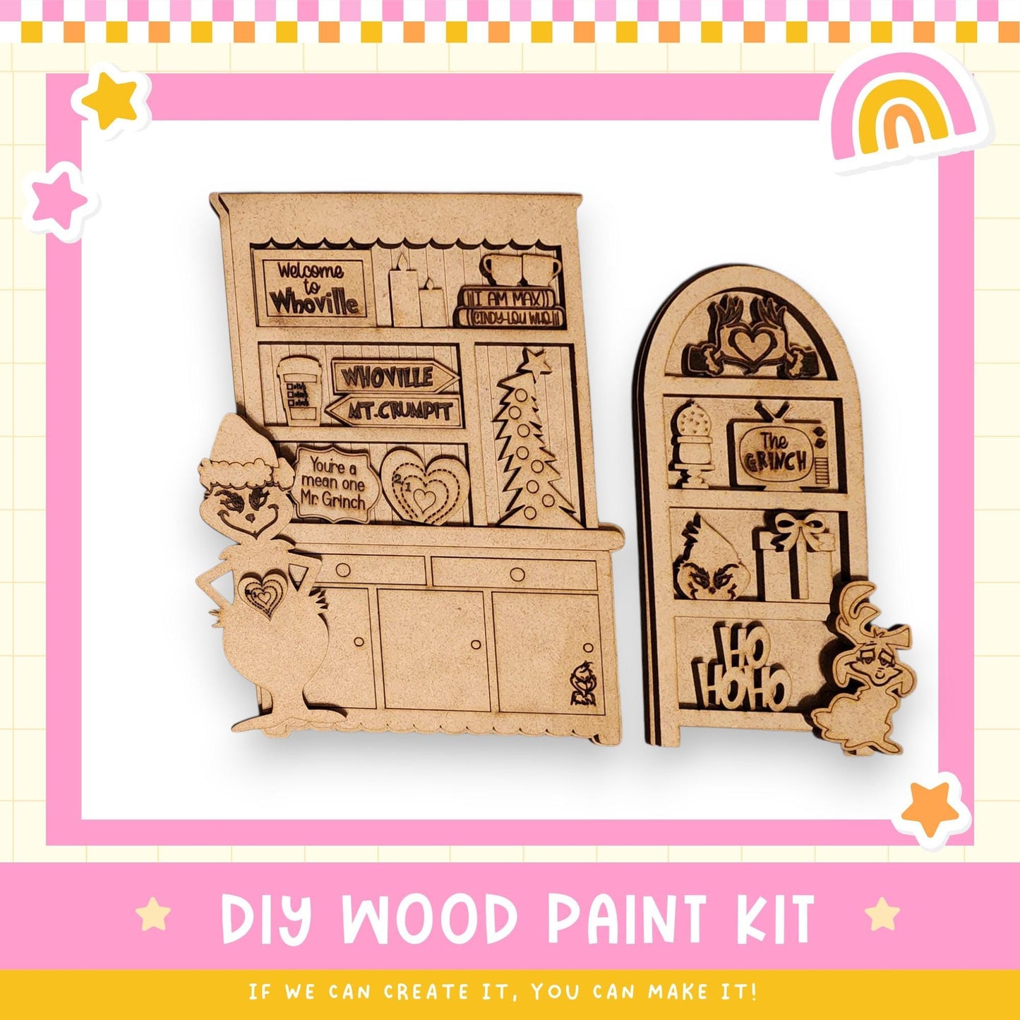 a DIY wood paint kit for creating a Christmas-themed cabinet or shelf. The kit includes a wooden cabinet with various decorations and a smaller wooden door with a Santa Claus figure. The kit is designed for people to create their own unique Christmas-themed cabinet or shelf using the provided wood paint kit.