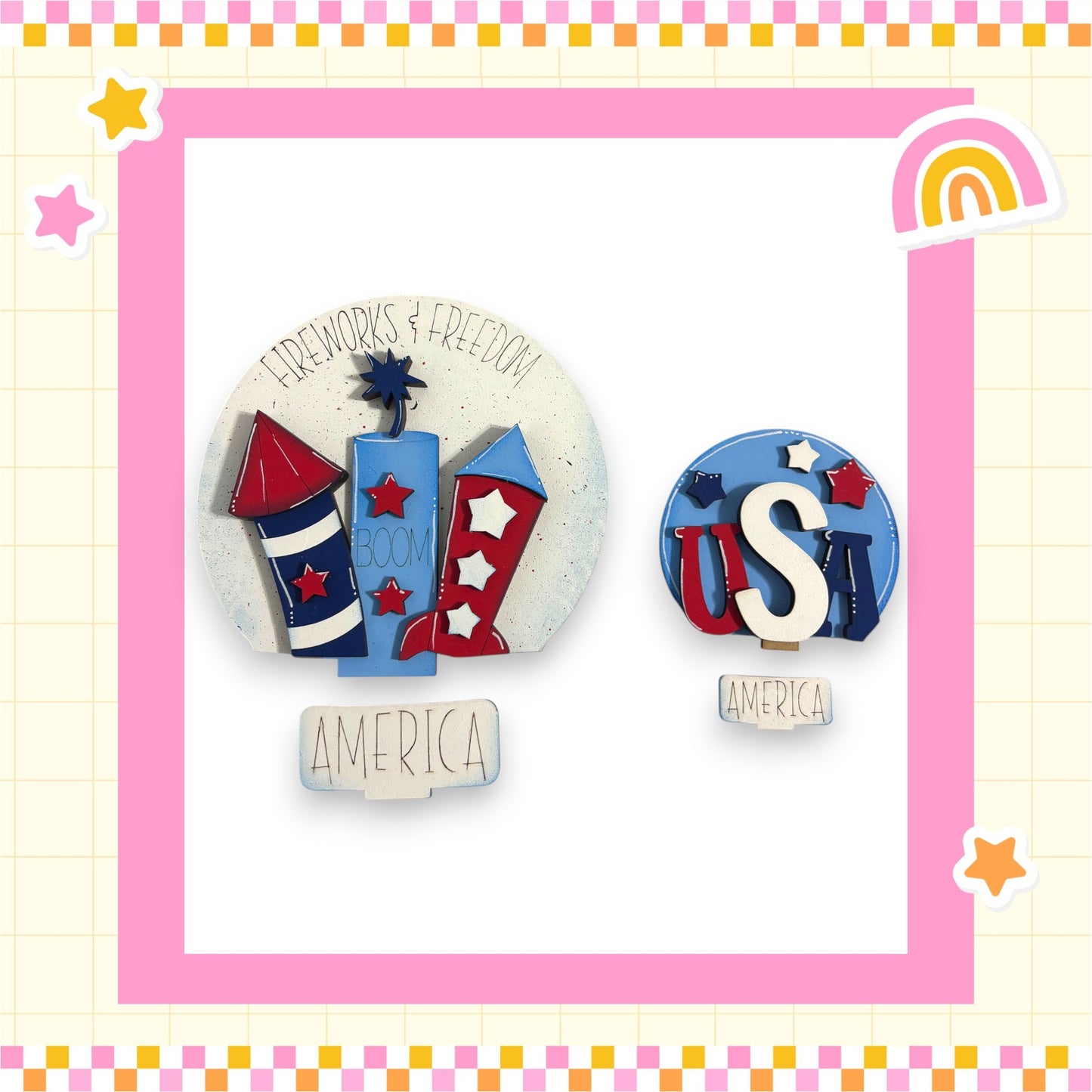 two circular decorations with the word "AMERICA" written on them, surrounded by various colorful and playful elements such as stars, a rainbow, and a firework.