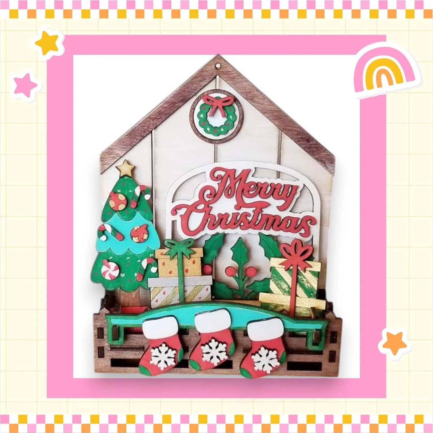 a christmas card with a house and stockings