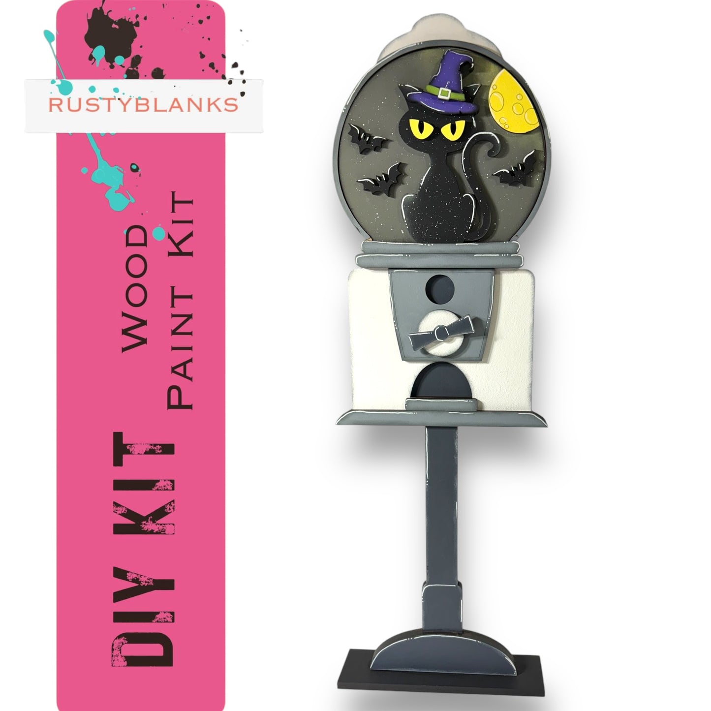 a DIY kit for painting a wooden paint pump with a cat design on it.