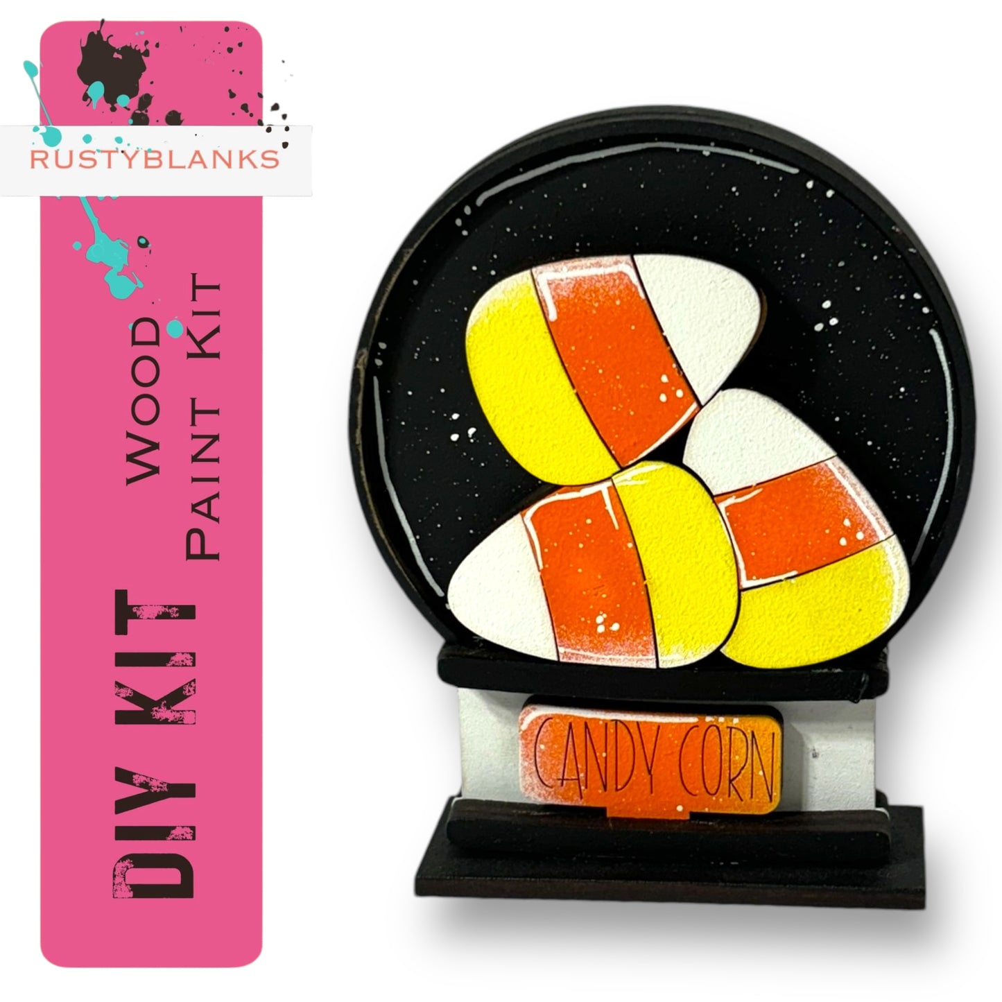 a DIY kit for painting candy corn, with a black and white background and a pink label.