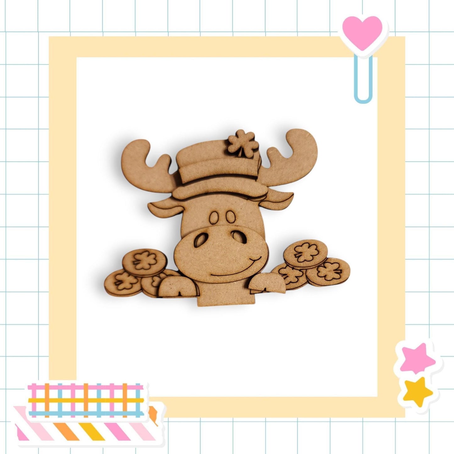 a wooden cutout of a moose with cookies