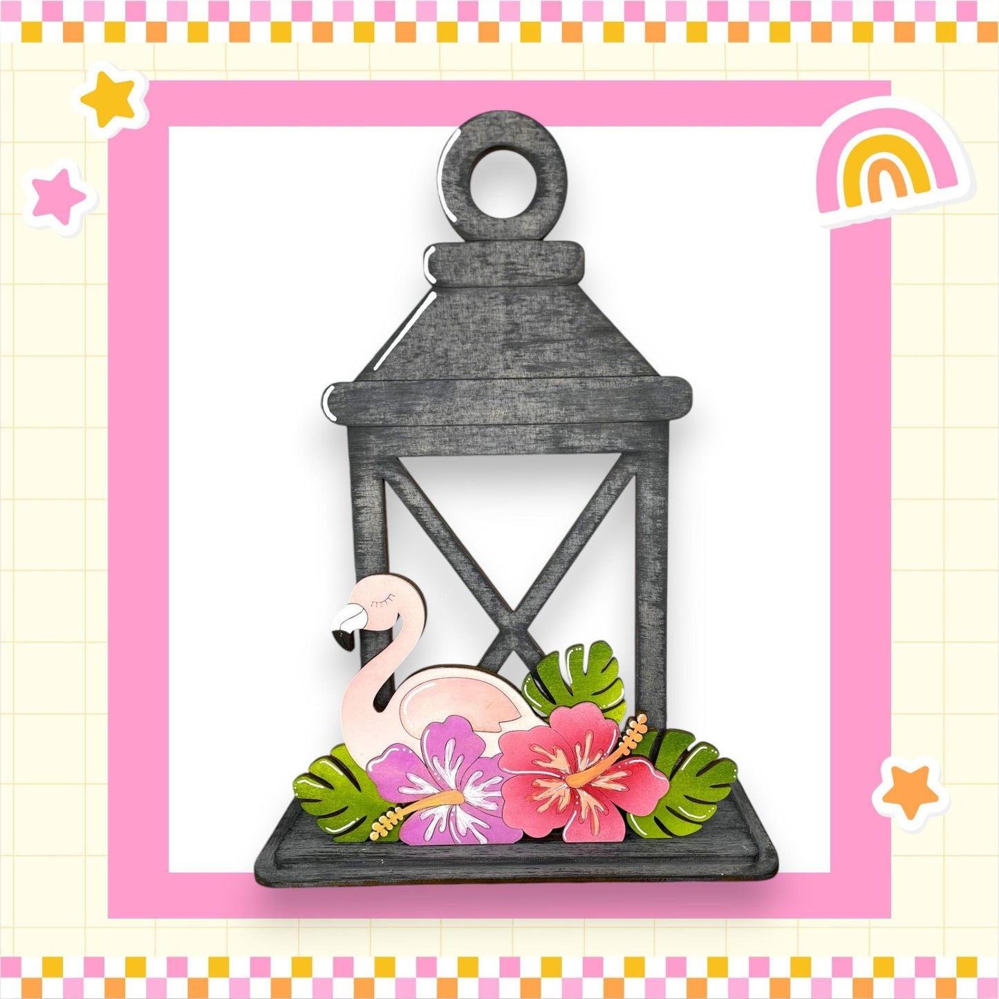 a card with a flamingo in a lantern