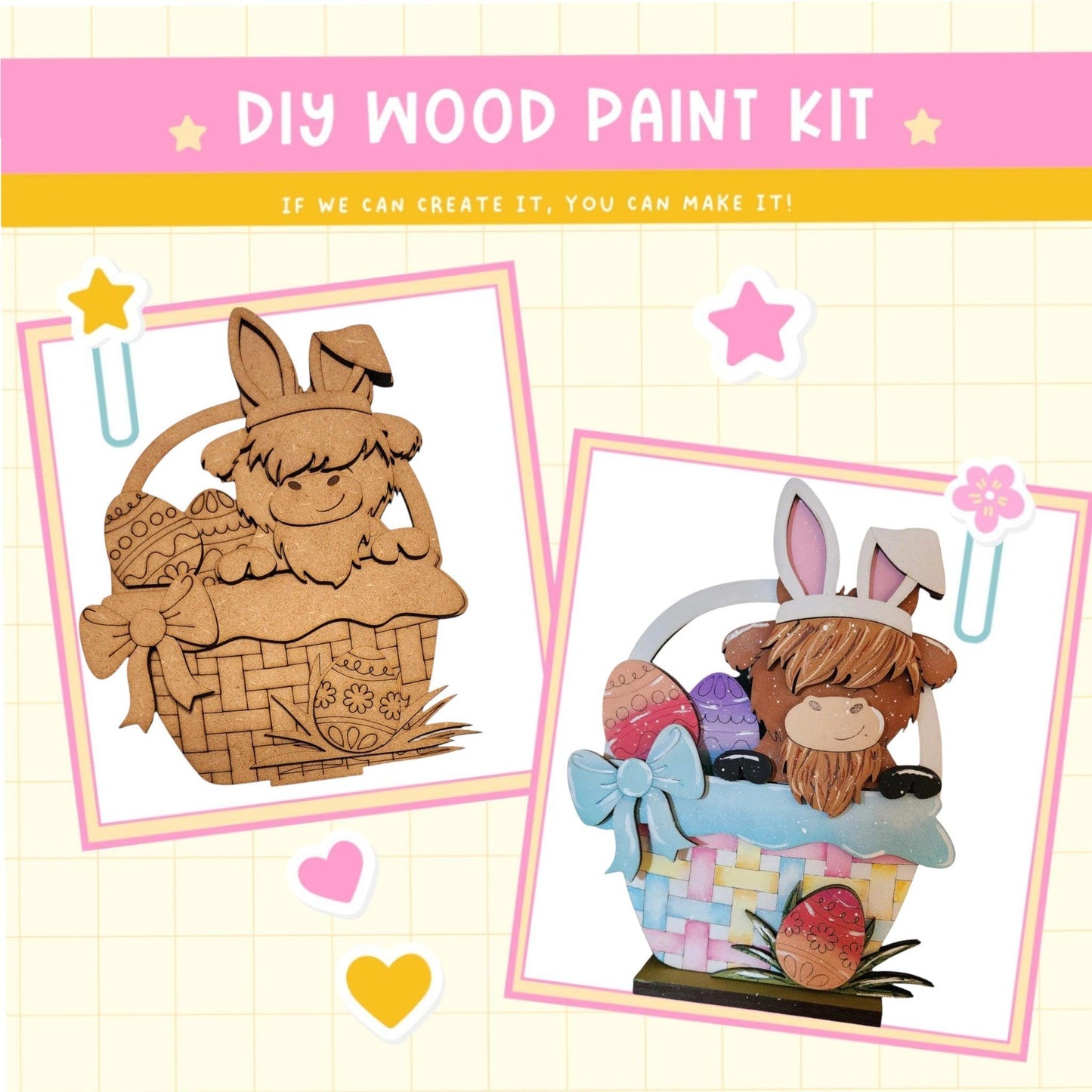 a picture of a wooden craft kit with a picture of a dog and a basket