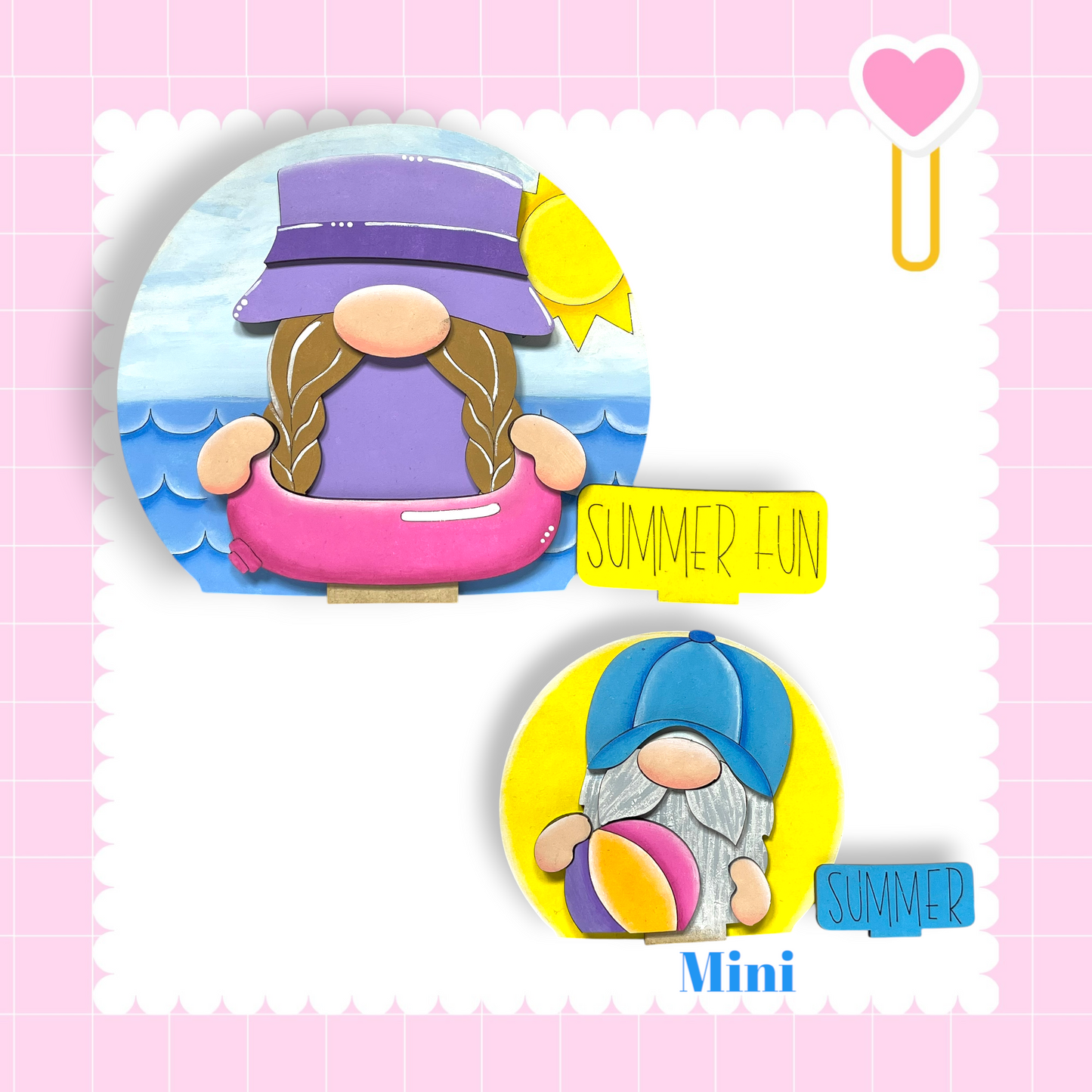 two illustrated gnomes, one wearing a purple hat and the other wearing a blue hat, both holding a beach ball and a float, with the text "Summer Fun" and "Mini" below them.