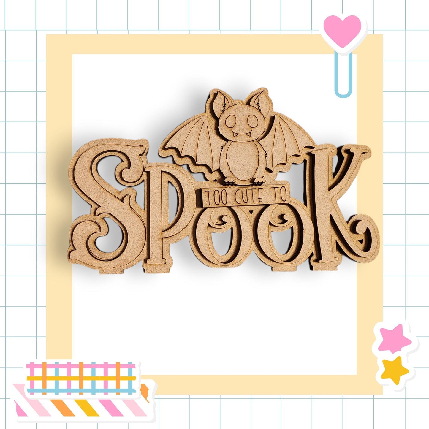 a wooden sign with the word "SPOOK" carved into it, along with a bat illustration. The sign is set against a background with a grid pattern.