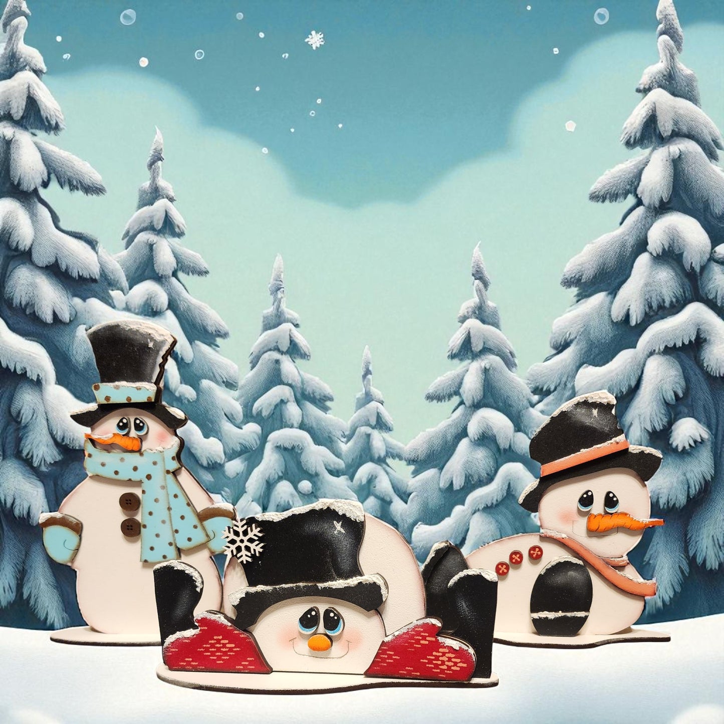 A winter scene with three snowmen in the foreground, set against a snowy forest backdrop with snow-covered pine trees.