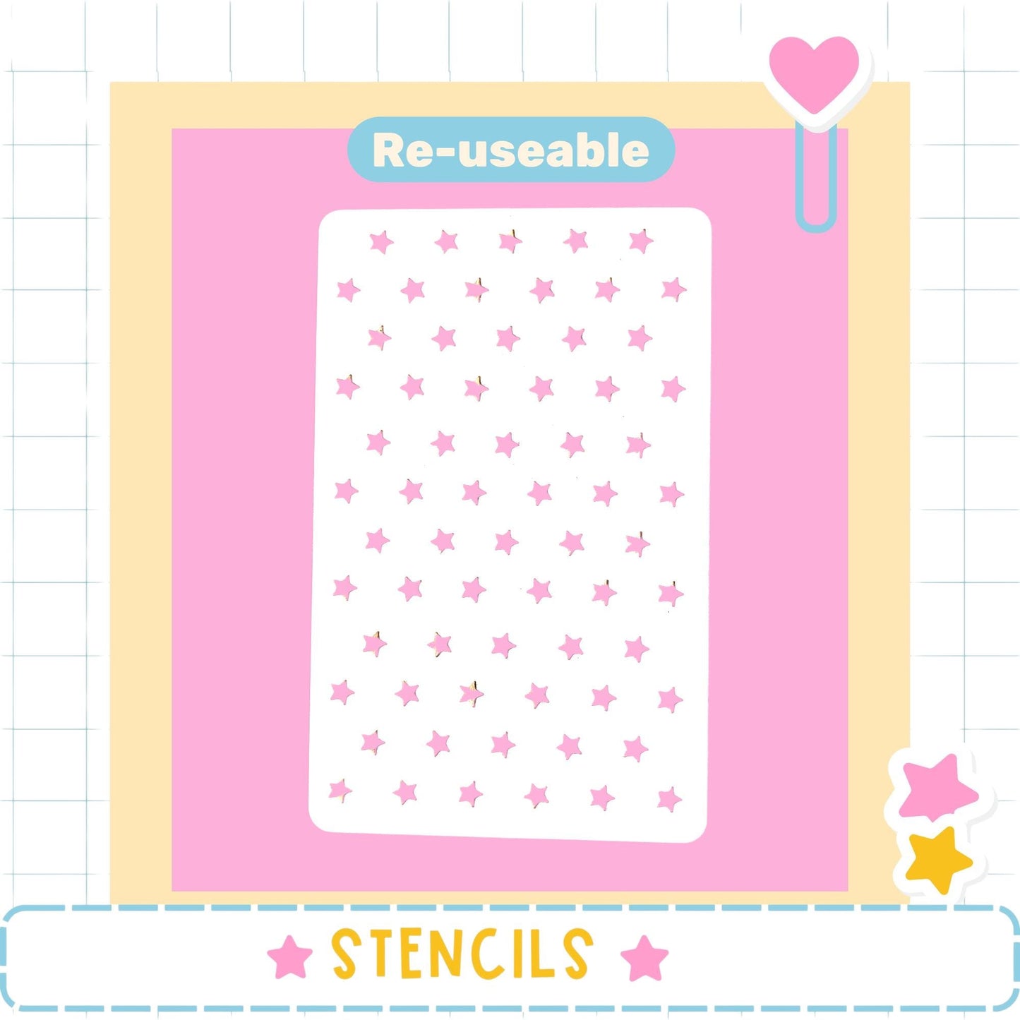 a pink background with a white star pattern and the word "Re-useable" written above it.