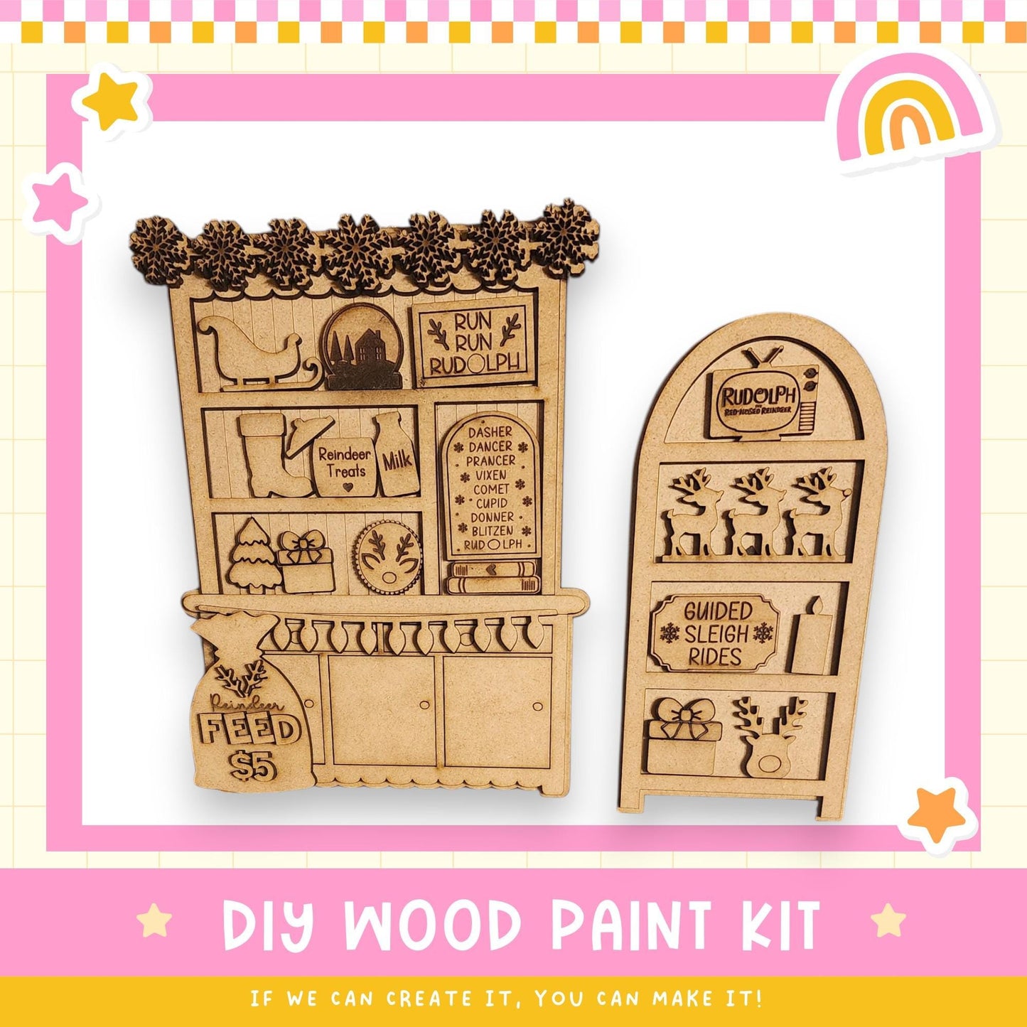 a DIY wood paint kit for creating wooden decorations, including a wooden sled and a wooden sled with a Santa Claus figure. The kit appears to be made of wood and is designed for painting and decorating wooden objects.