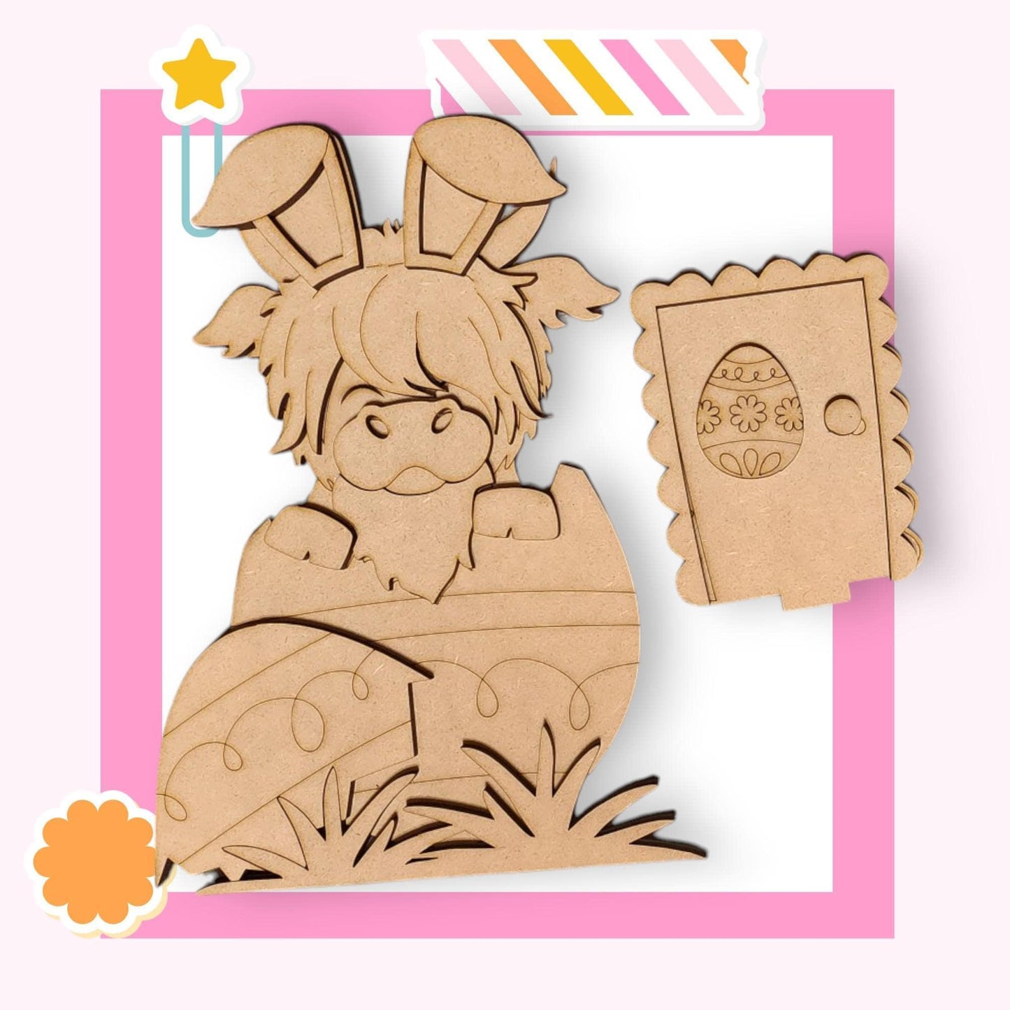 a wooden cutout of a girl with bunny ears