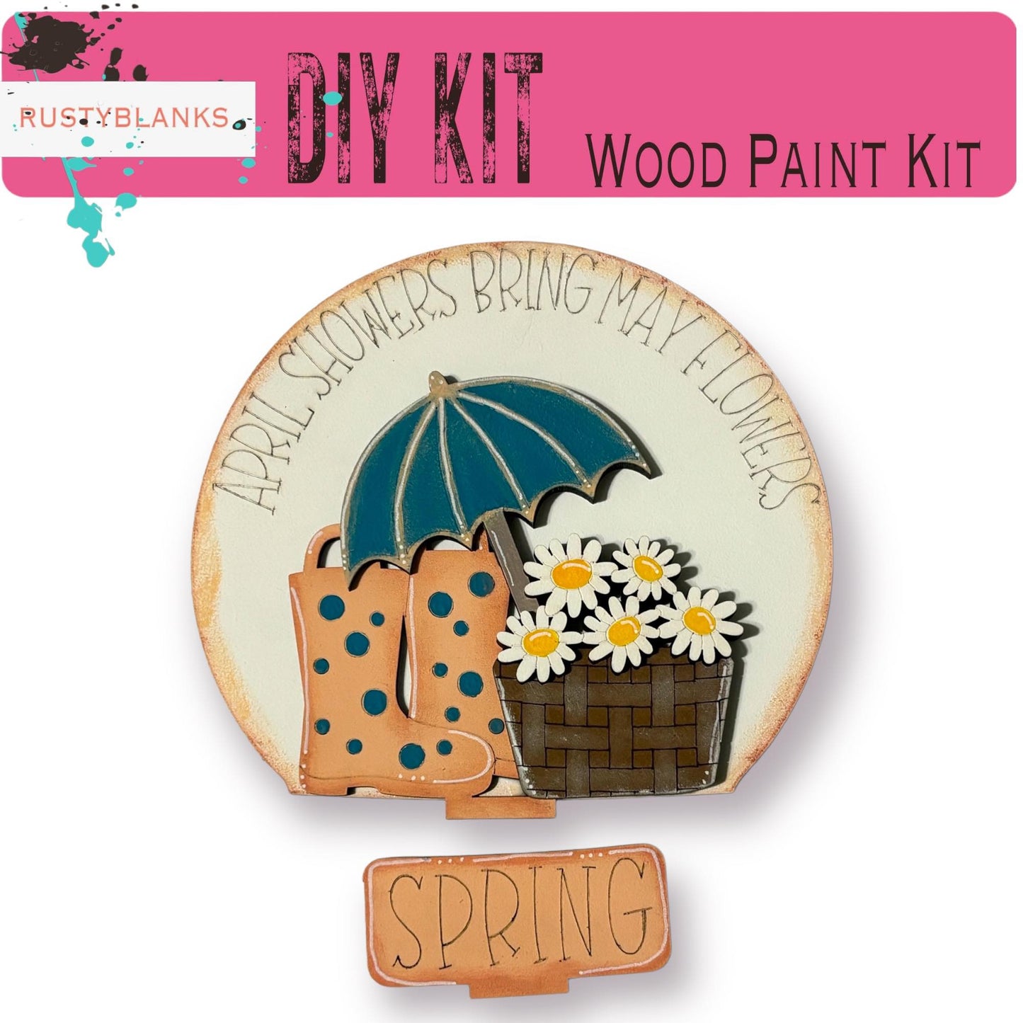 The image is a DIY kit for a wood paint kit, featuring a wooden sign with the word "SPRING" and a decorative umbrella with flowers.