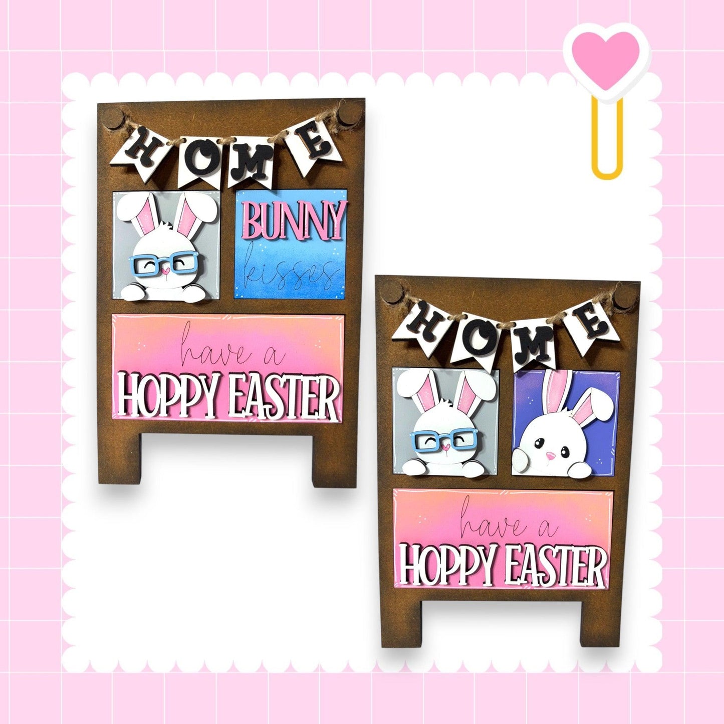 a couple of wooden signs with bunnies on them
