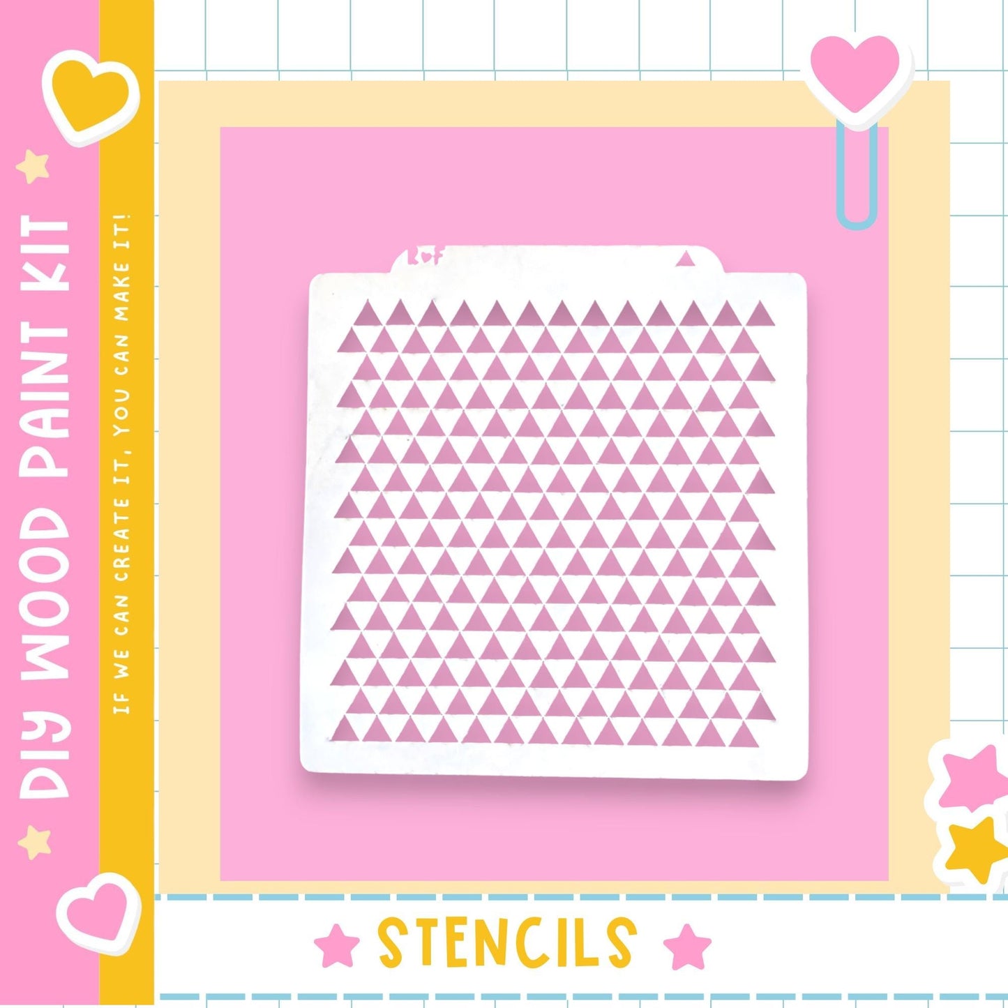 a DIY wood paint kit with a pink background and a white stencil with a pattern of pink triangles.