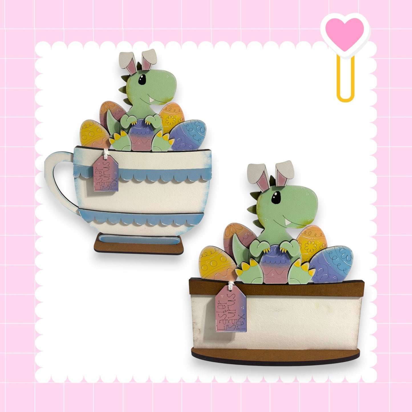 two cartoon dinosaur figures, one sitting inside a teacup and the other inside a cake dish, both with colorful decorations.