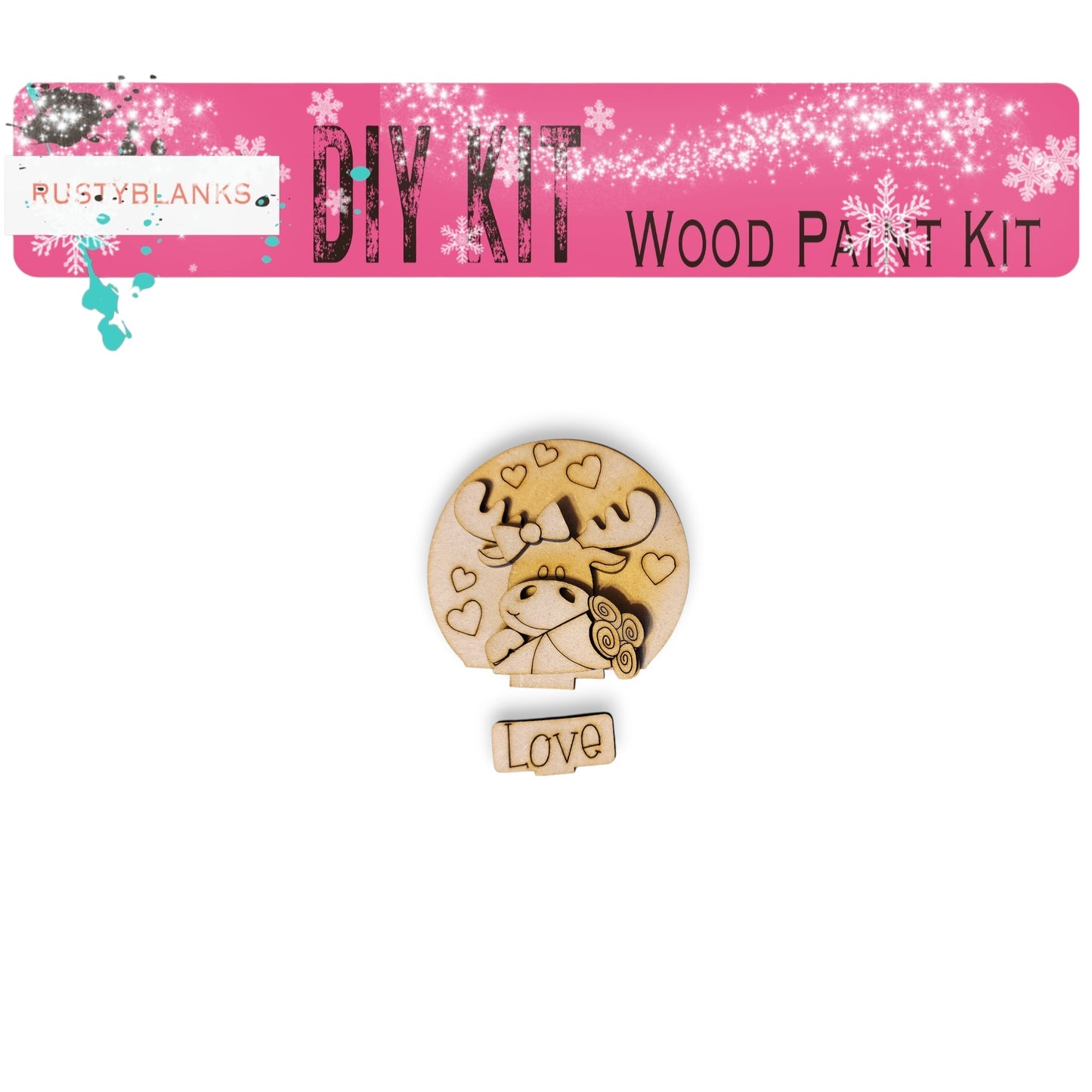 The image is a pink banner with the text "DIY KIT" and "WOOD PAINT KIT" written on it, along with a wooden object featuring a deer and the word "Love" below it.