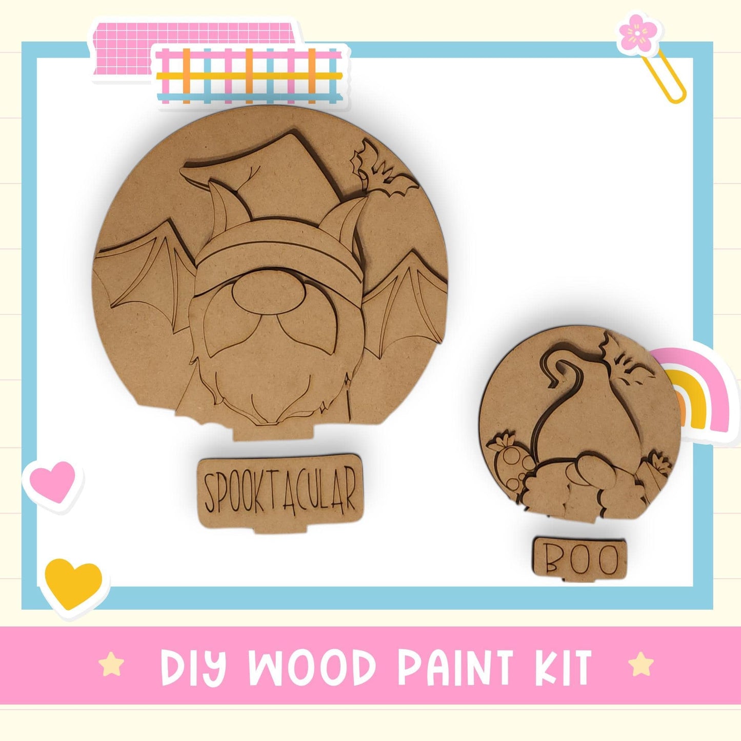 a DIY wood paint kit for Halloween, including a spooky bat and a spooky cat.