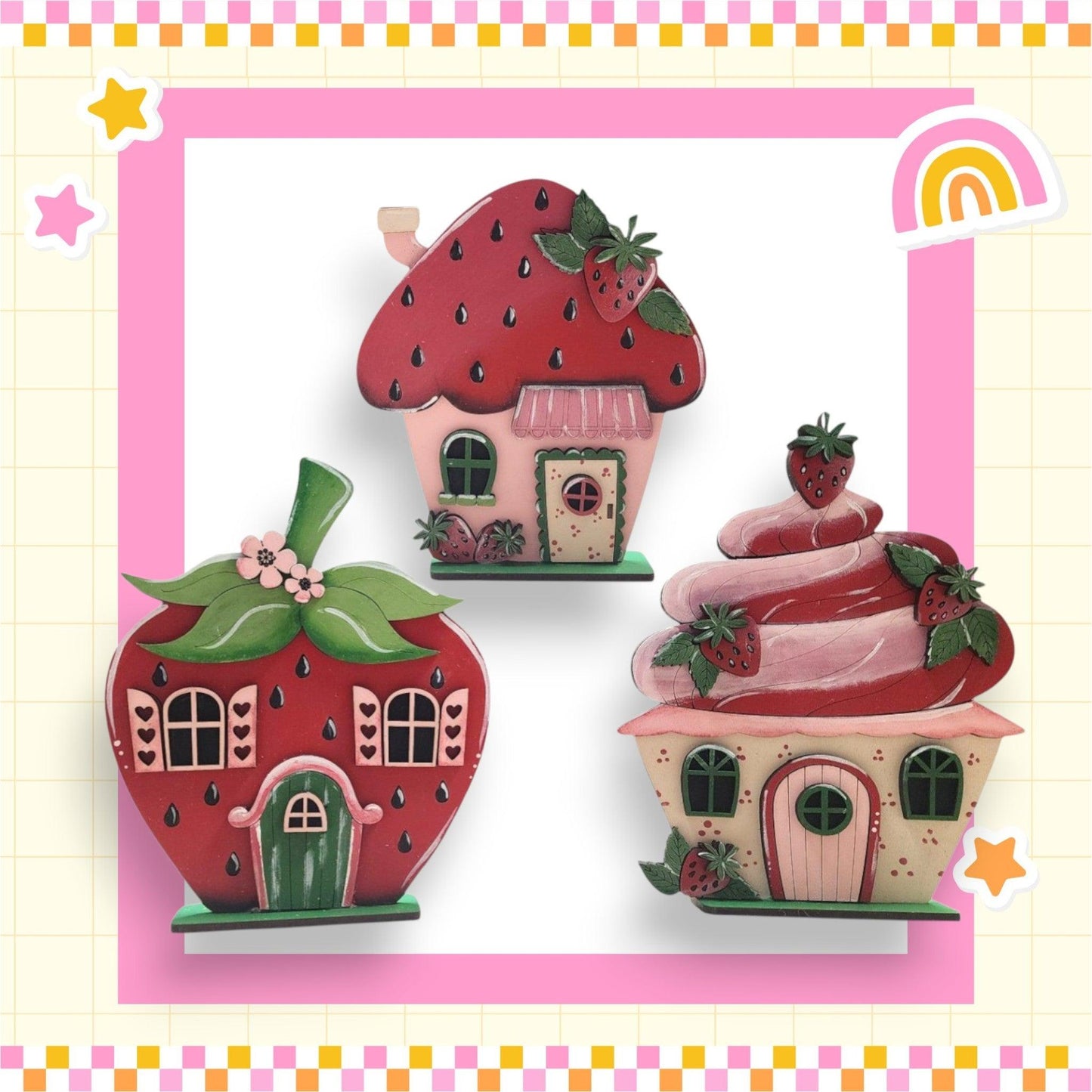 a picture of a strawberry shaped house and a strawberry shaped house