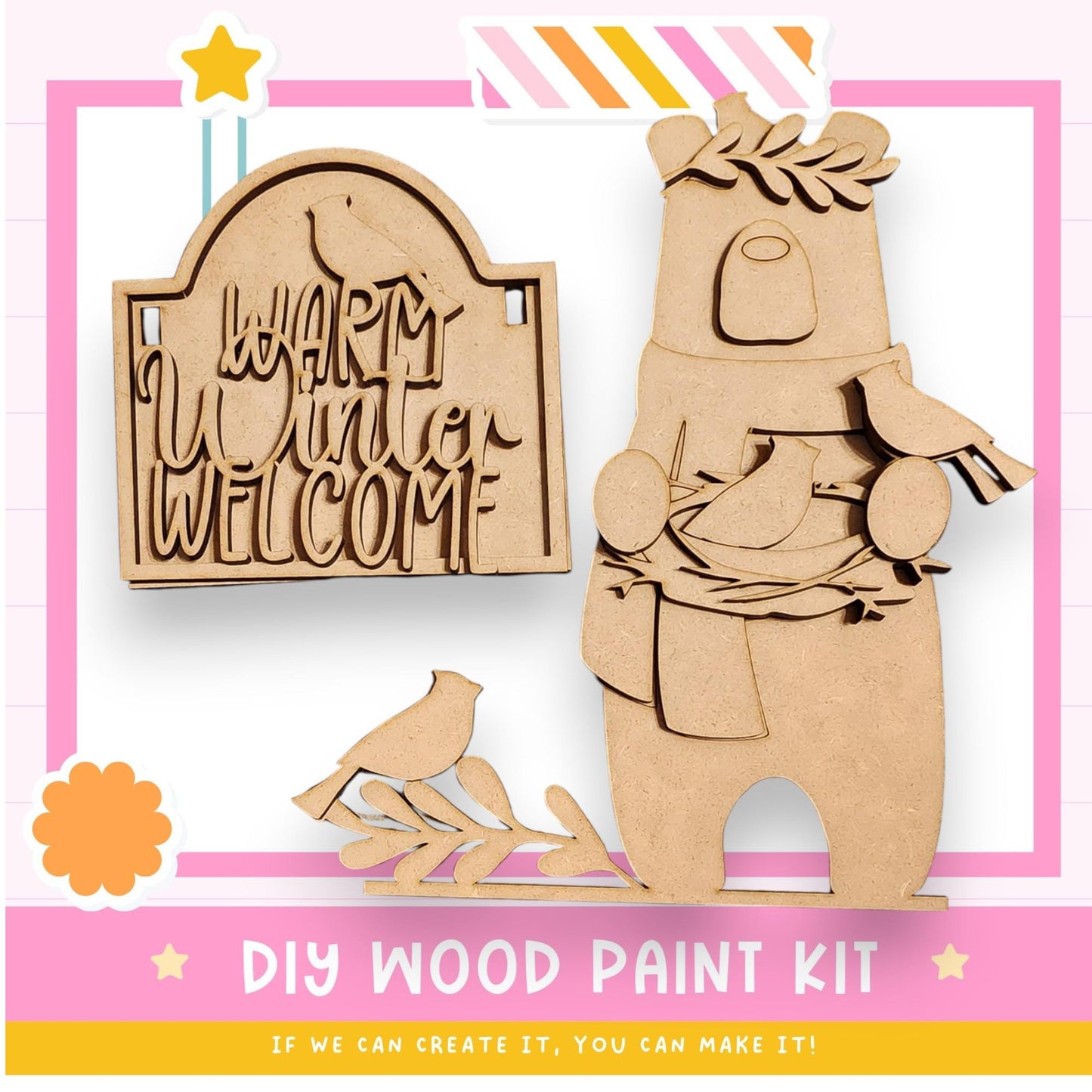 a DIY wood paint kit for creating a wooden bear and bird sign. The kit includes a wooden bear and bird figure, as well as instructions for painting the bear and bird.