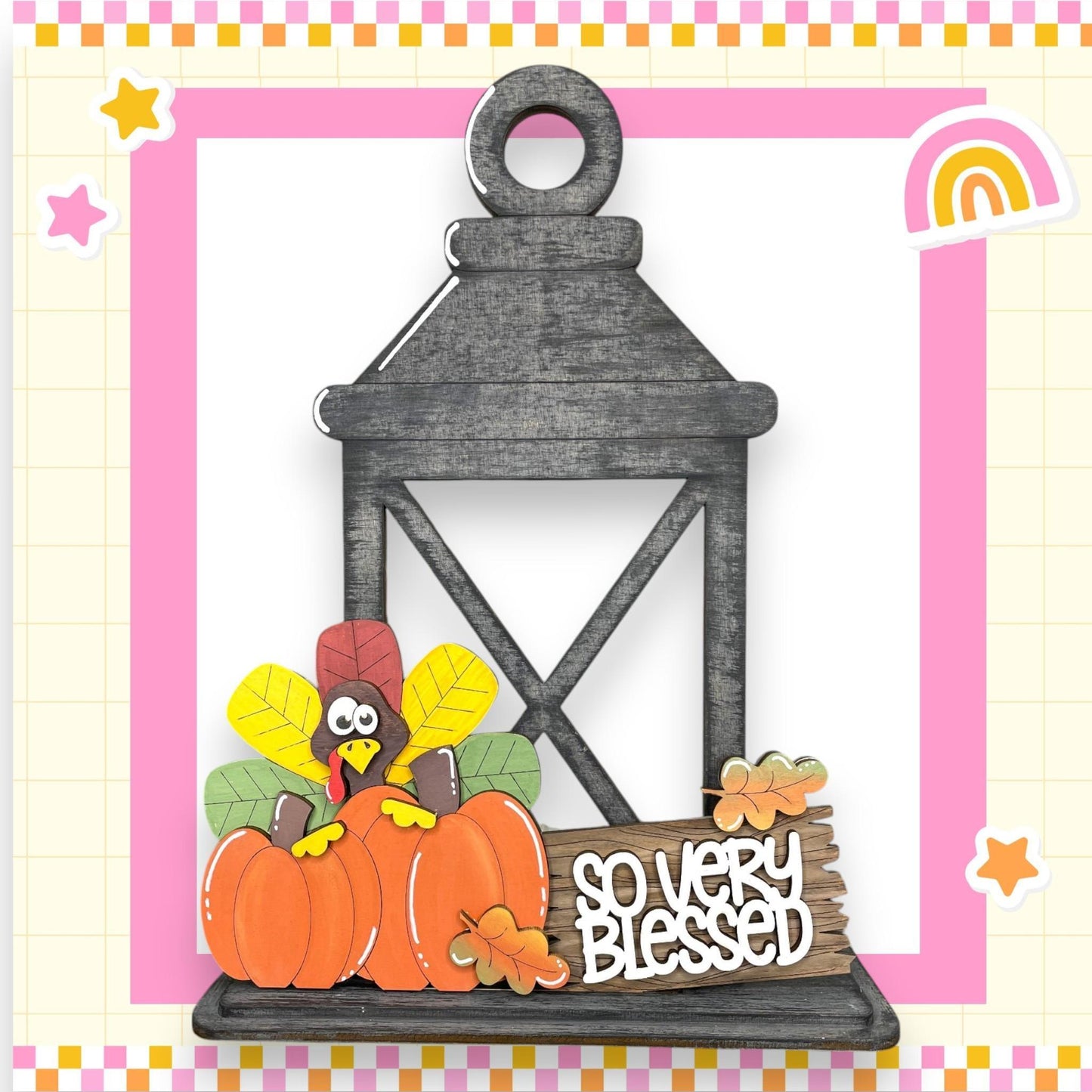 a card with a picture of a turkey and a lantern