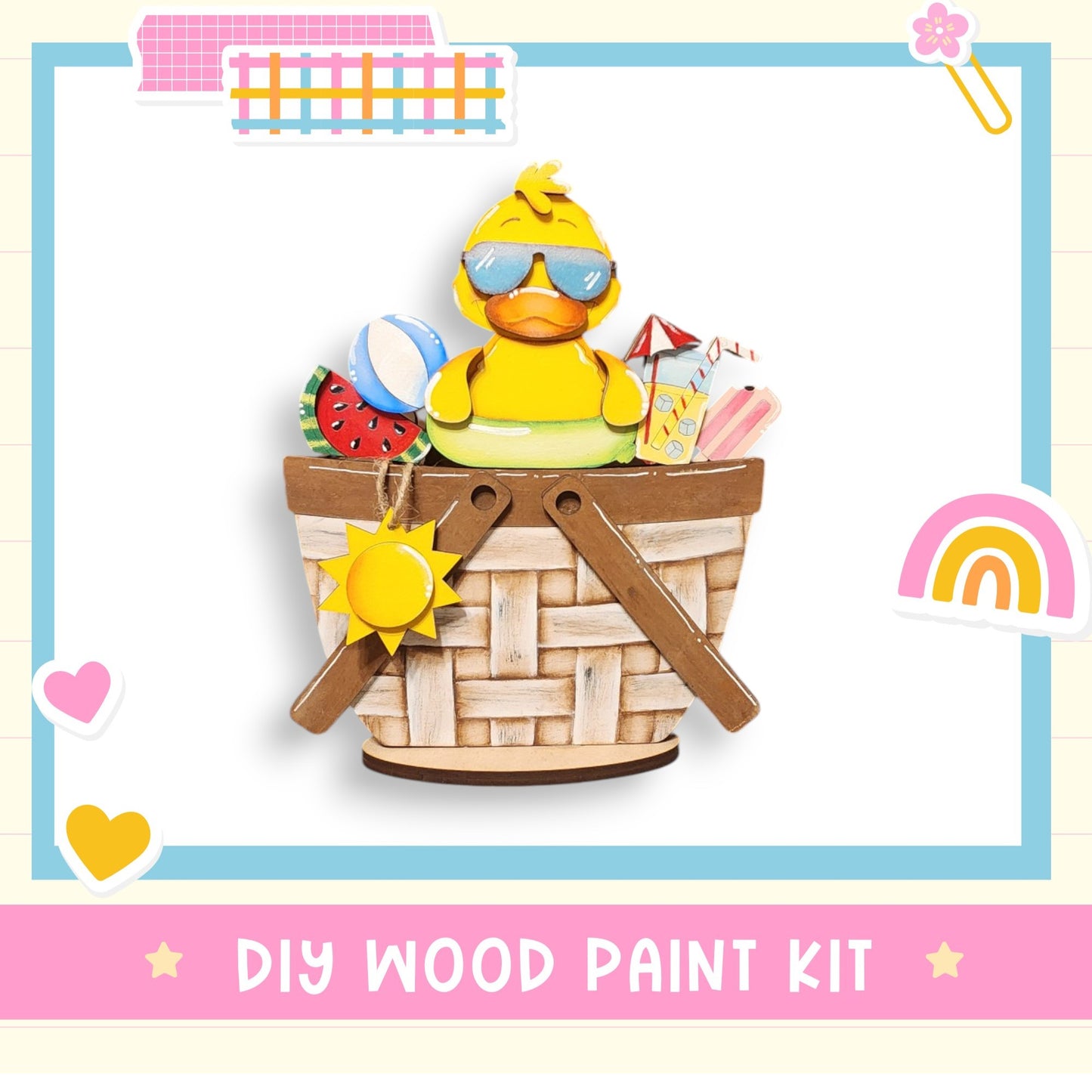 a wooden ducky in a basket with a rainbow in the background