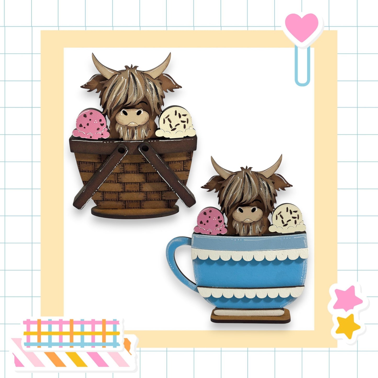 two wooden cutouts of animals, specifically cows, sitting in baskets and cups, respectively. The baskets are brown and appear to be made of wood, while the cups are blue and have a scalloped edge. The background of the image is a grid pattern, and there are various colorful stickers and a heart-shaped object present in the scene.