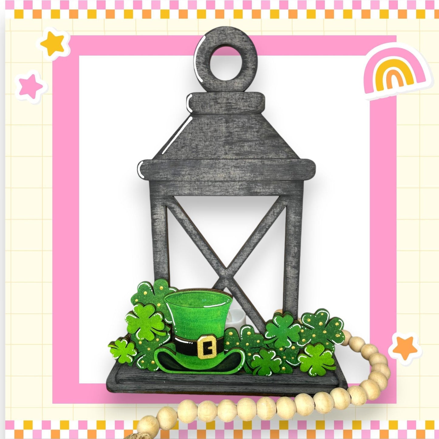a st patrick's day card with a green lantern and shamrocks