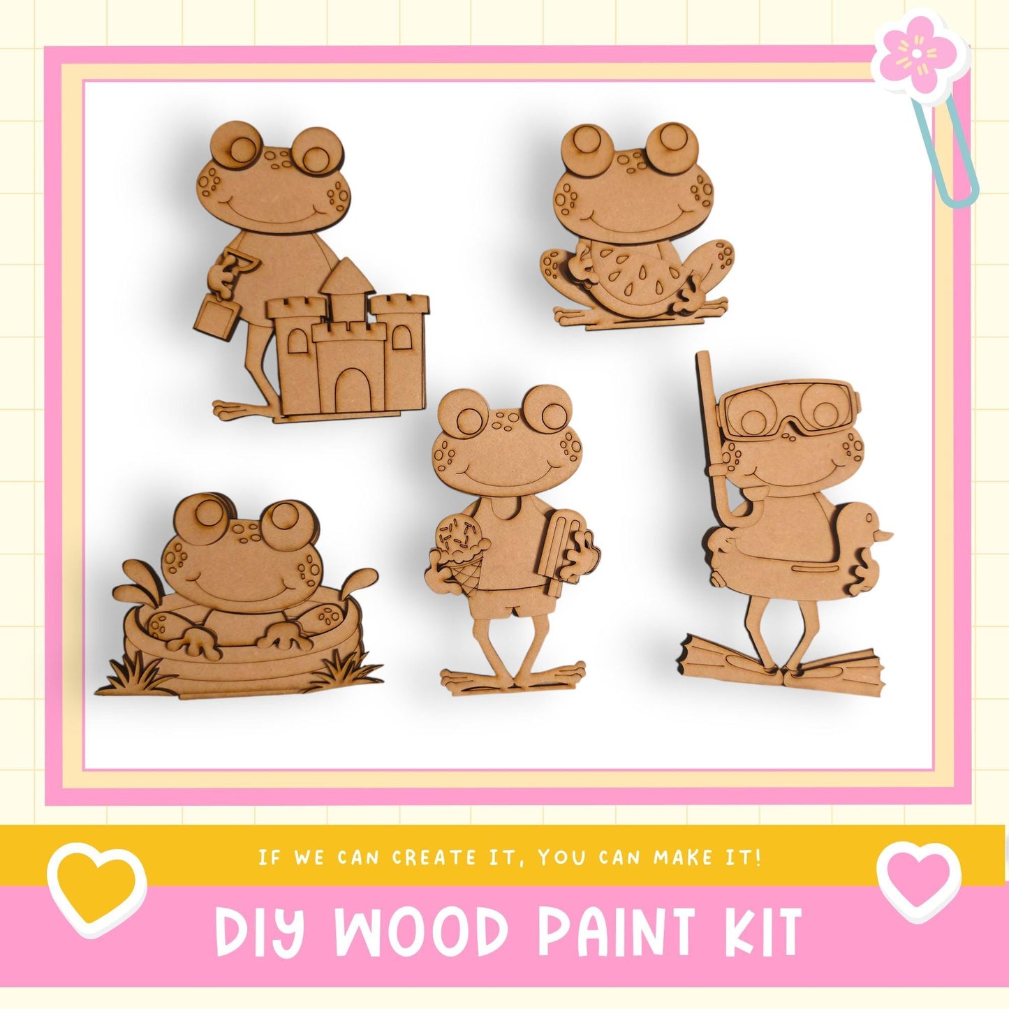 a DIY wood paint kit with five wooden frog figures in various poses, including one sitting on a castle, one holding a book, one holding a stick, one holding a stick and a book, and one holding a stick and a book.