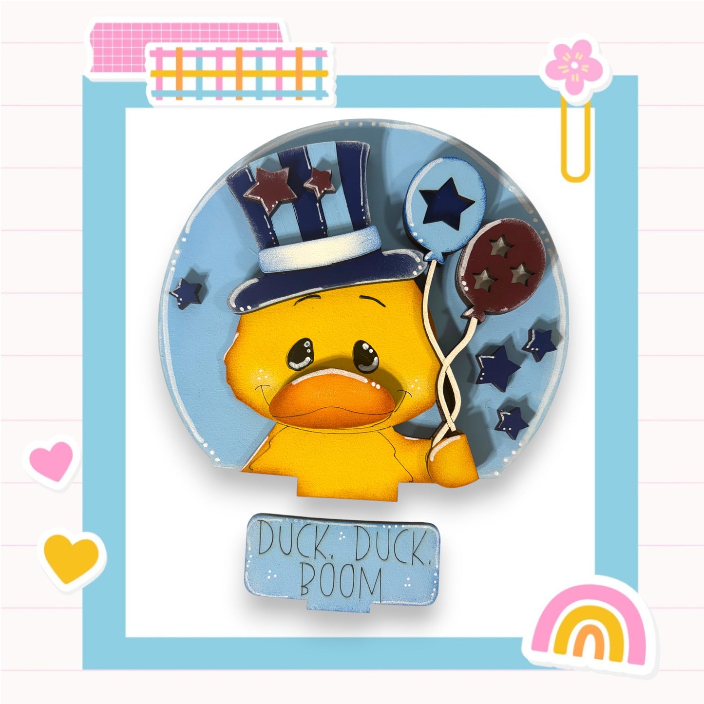 A cheerful yellow duck wearing a top hat and holding a balloon, surrounded by various colorful and whimsical elements such as hearts, stars, and a rainbow.