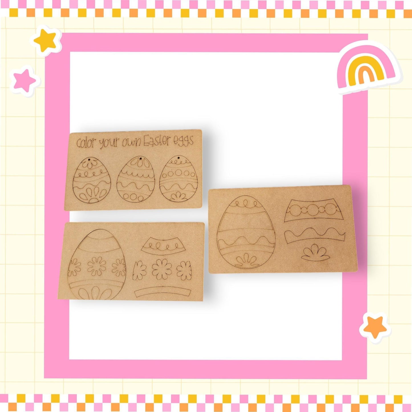 a wooden stamp with a picture of easter eggs on it