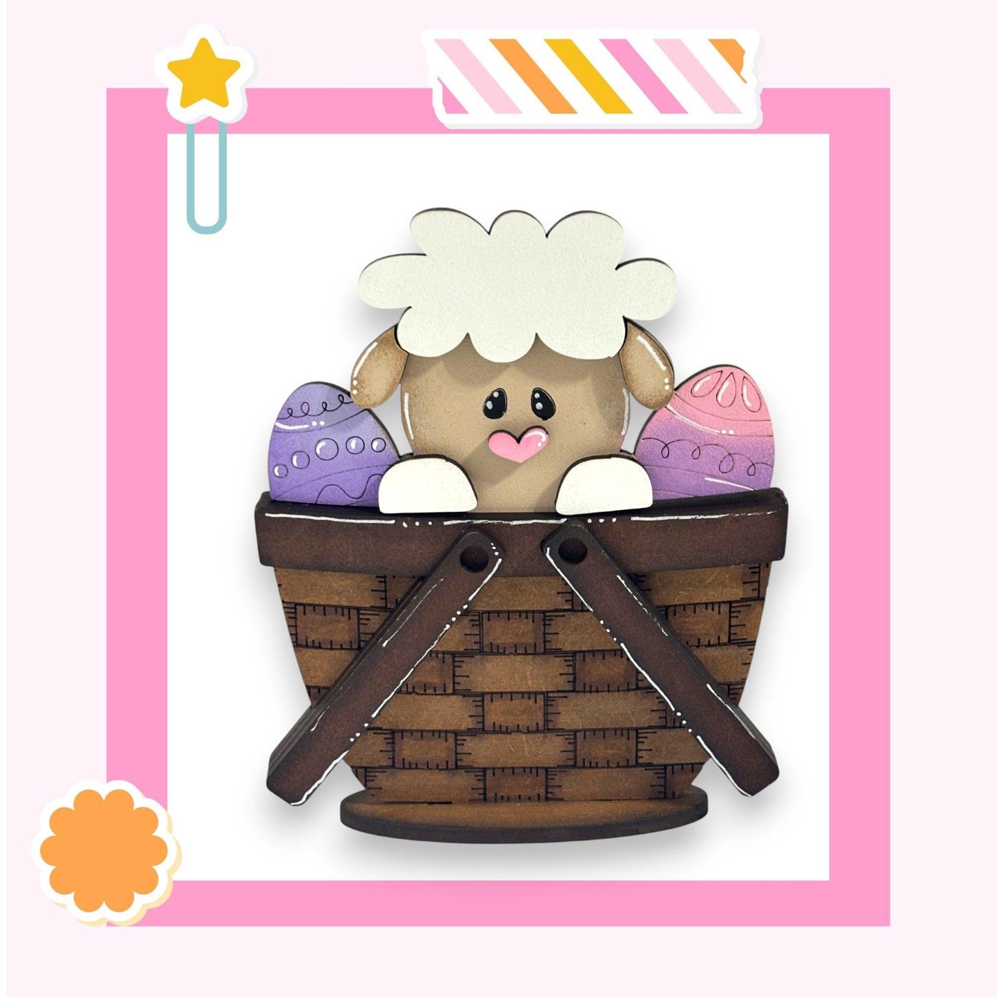 a card with a sheep in a basket of eggs