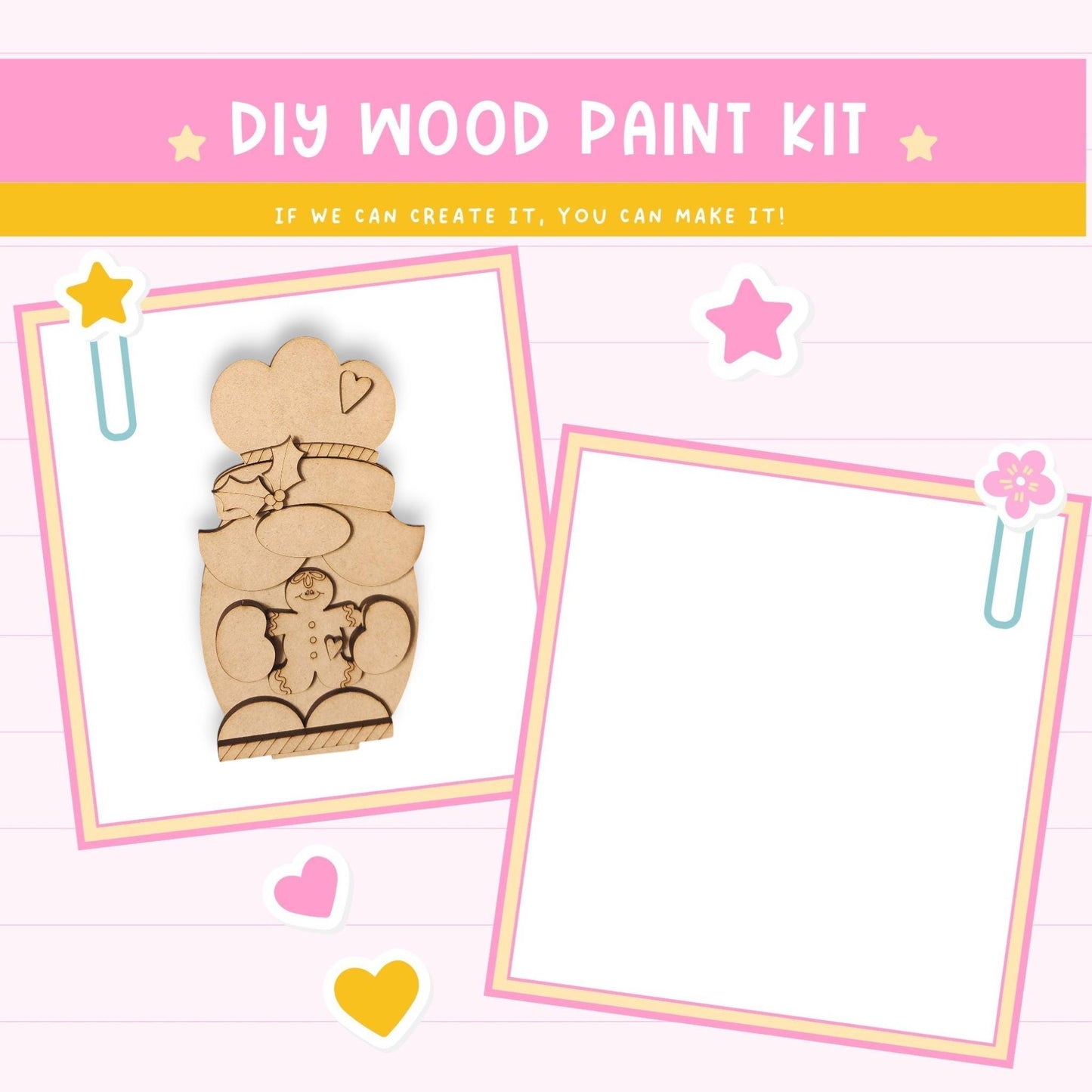 The image is a DIY wood paint kit with a wooden gnome and a blank white space for painting.