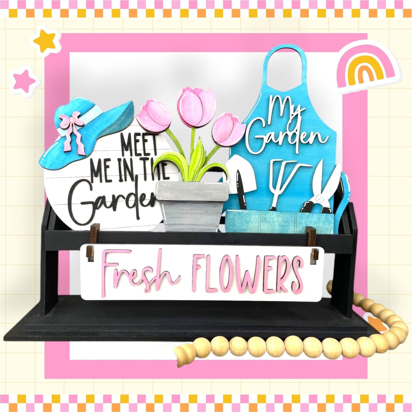 a sign that says fresh flowers and a potted plant