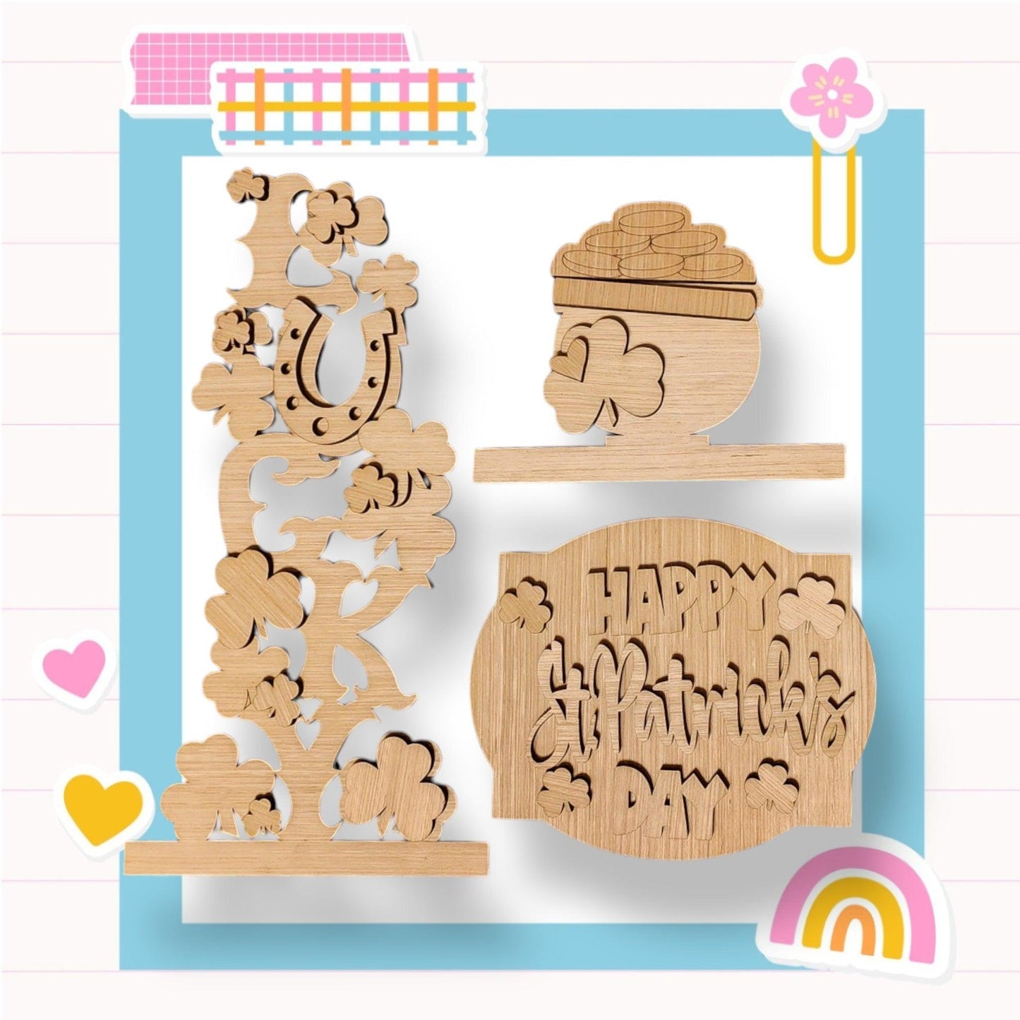 a wooden cutout of a happy new year with a rainbow in the background