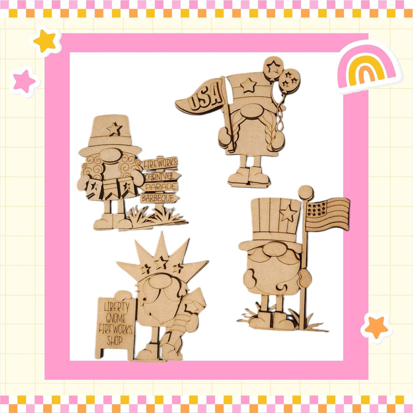 a wooden cutout of a cartoon character