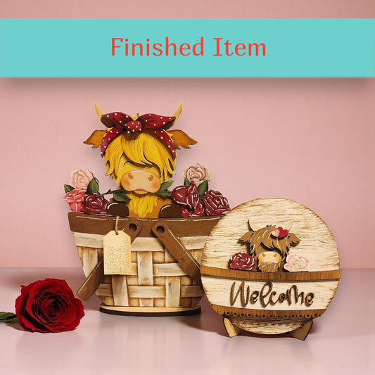 a wooden basket with a cow figurine inside, and a wooden sign with the word "Welcome" on it.