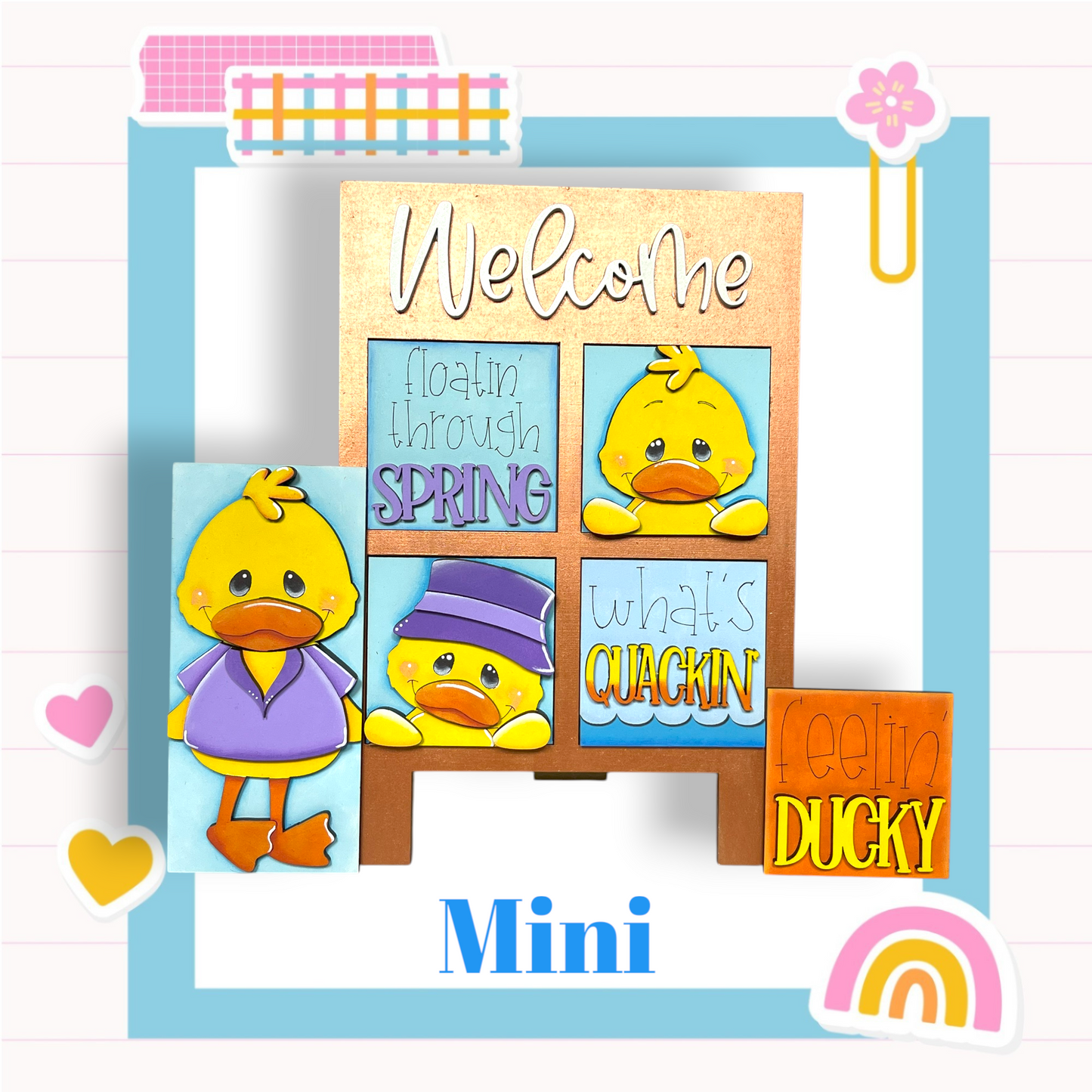 The image is a collage featuring a cartoon duck and various phrases related to spring and ducks.