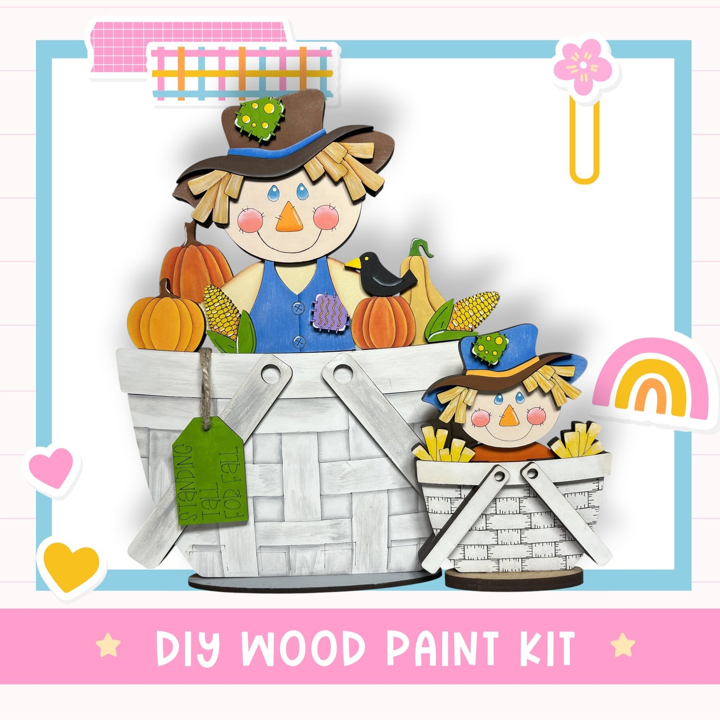 The image is a colorful illustration featuring a scarecrow and a basket filled with pumpkins and corn, along with other fall-themed elements such as a rainbow and a flower.