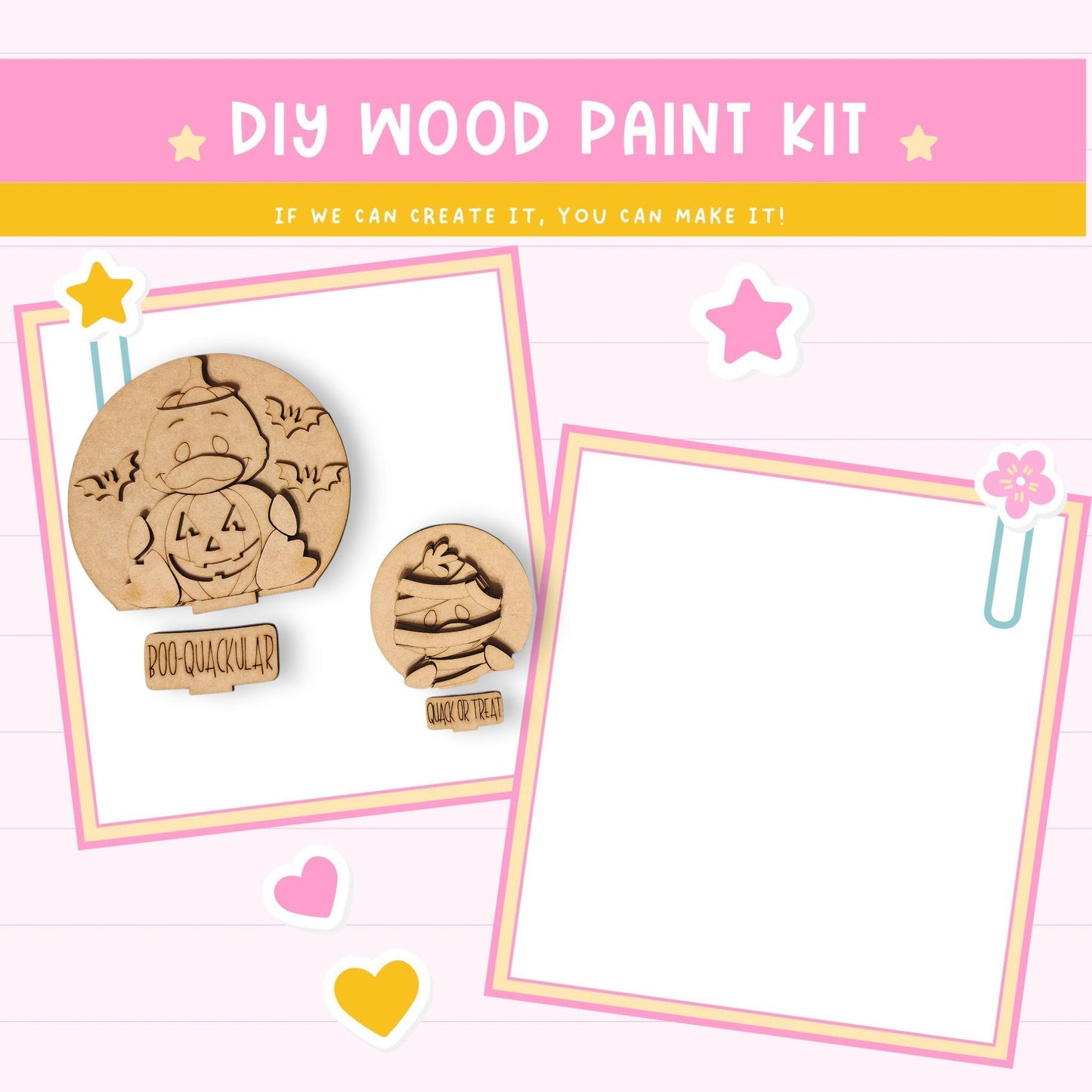 The image is a DIY wood paint kit with a pink background and a star. It features a wooden pumpkin and a wooden star, along with a blank white frame.