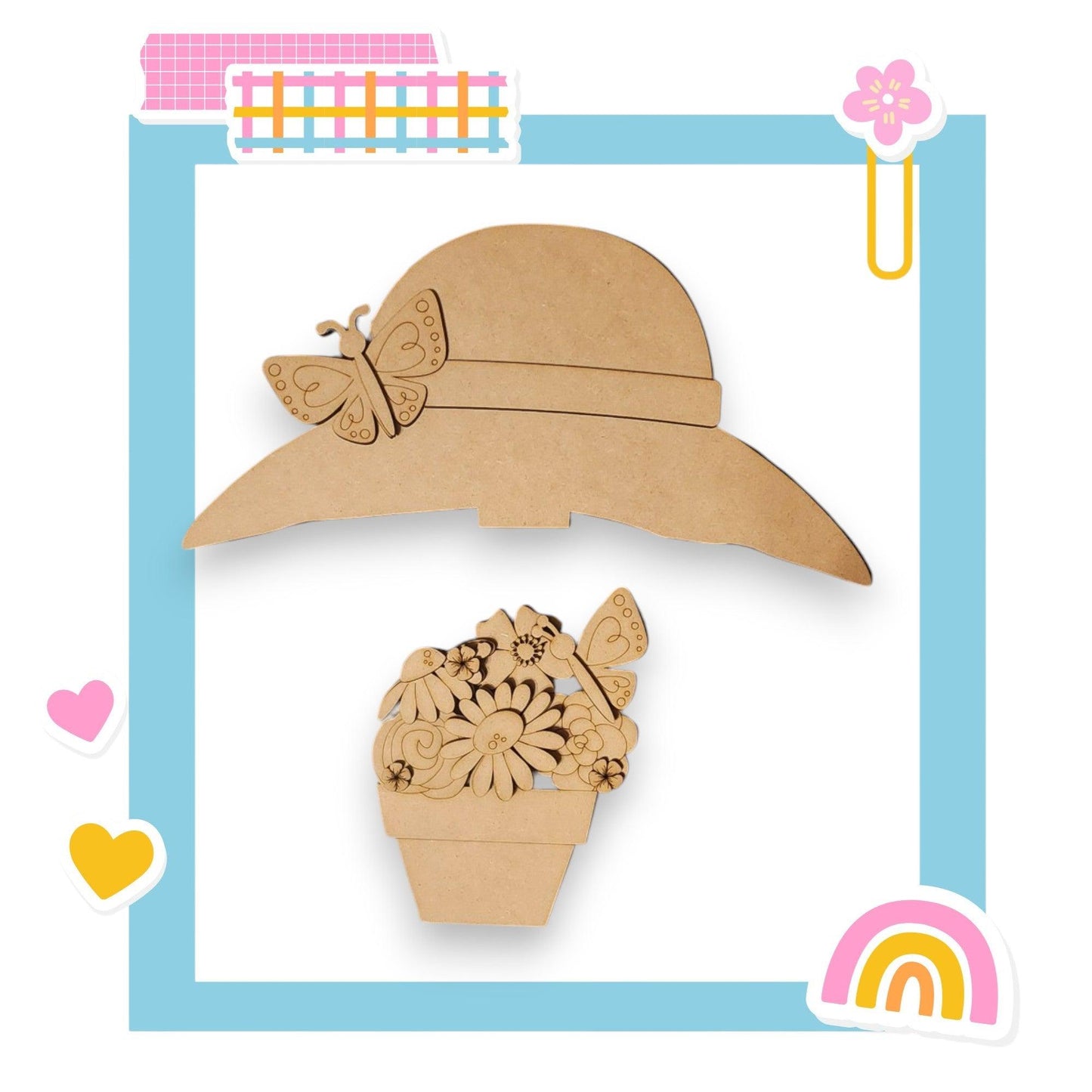 a wooden cutout of a hat and a flower pot