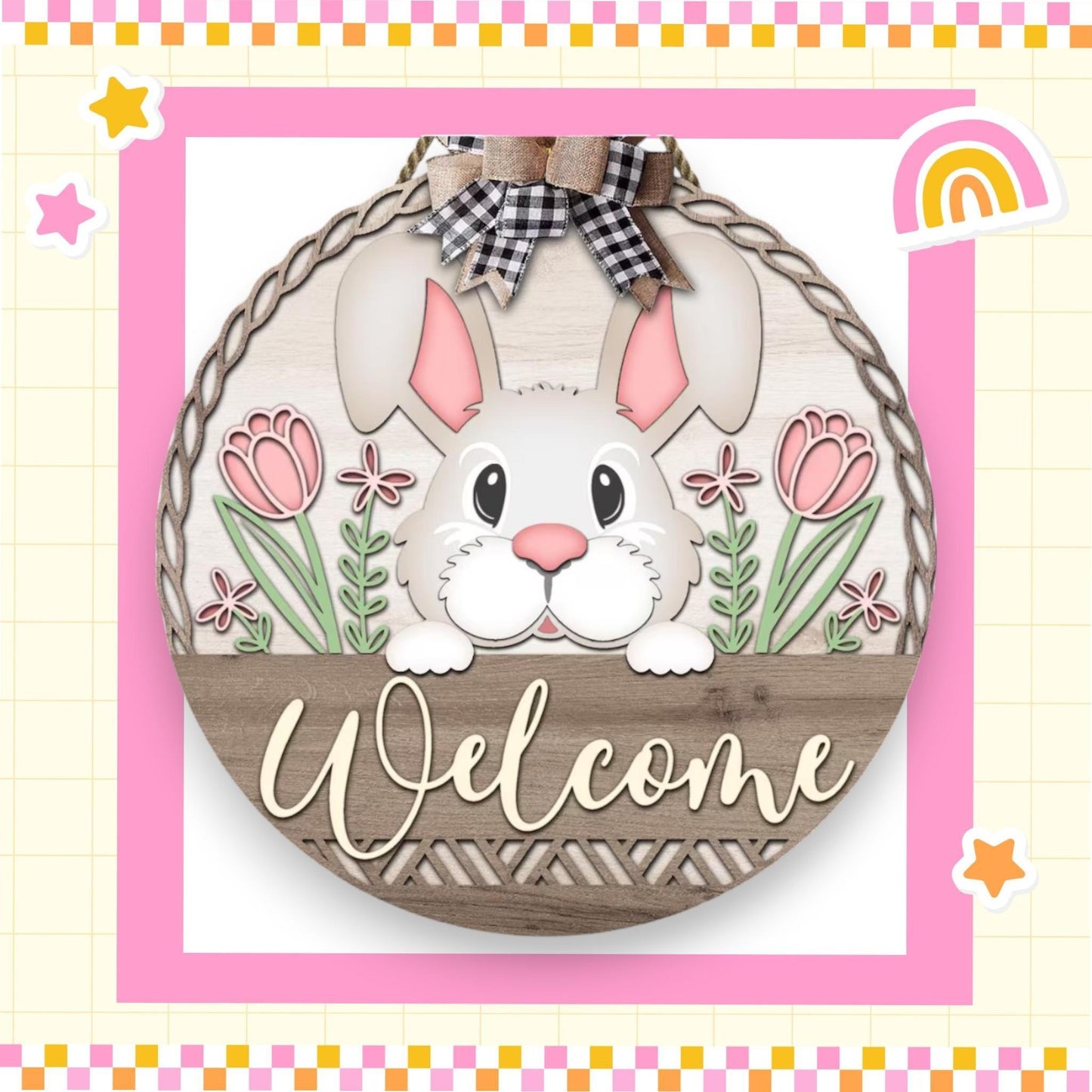 a welcome sign with a bunny in a basket