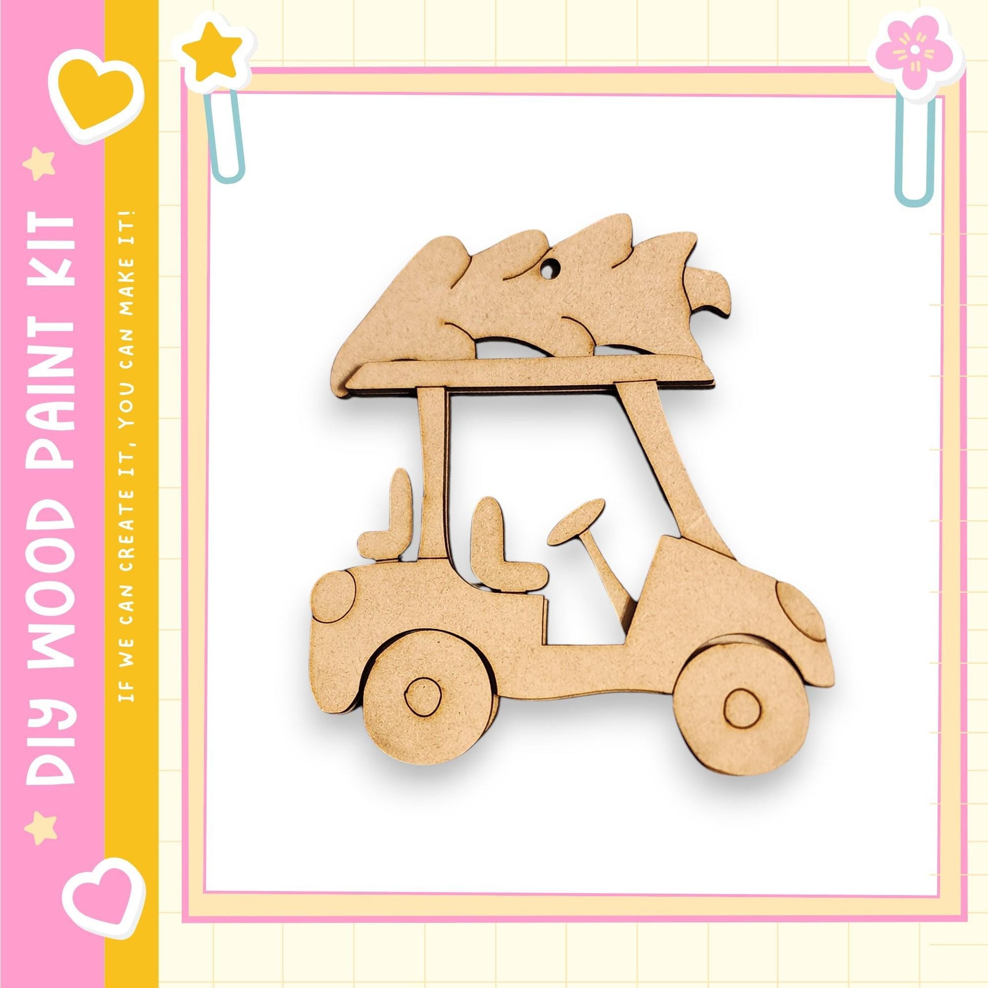 A wooden golf cart with a Christmas tree on top, presented in a colorful frame.