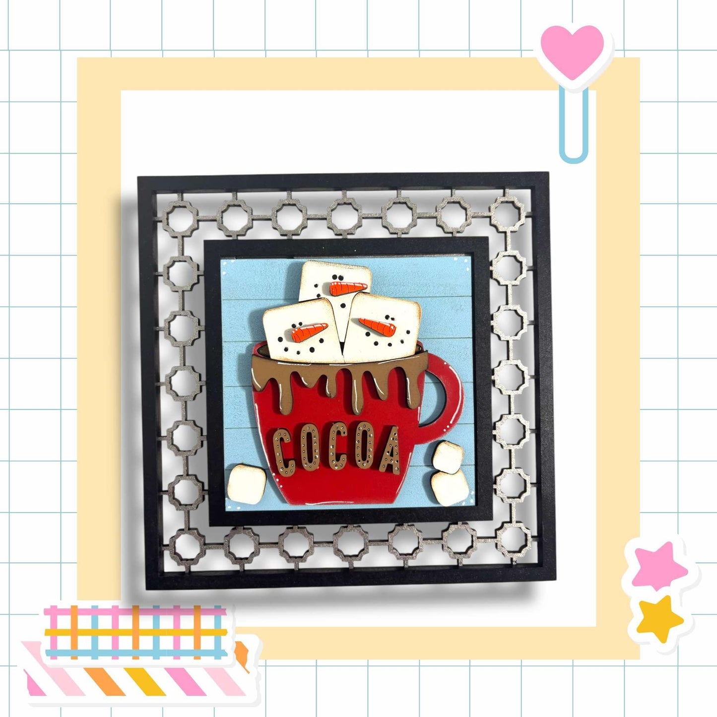a card with a picture of a cup of cocoa