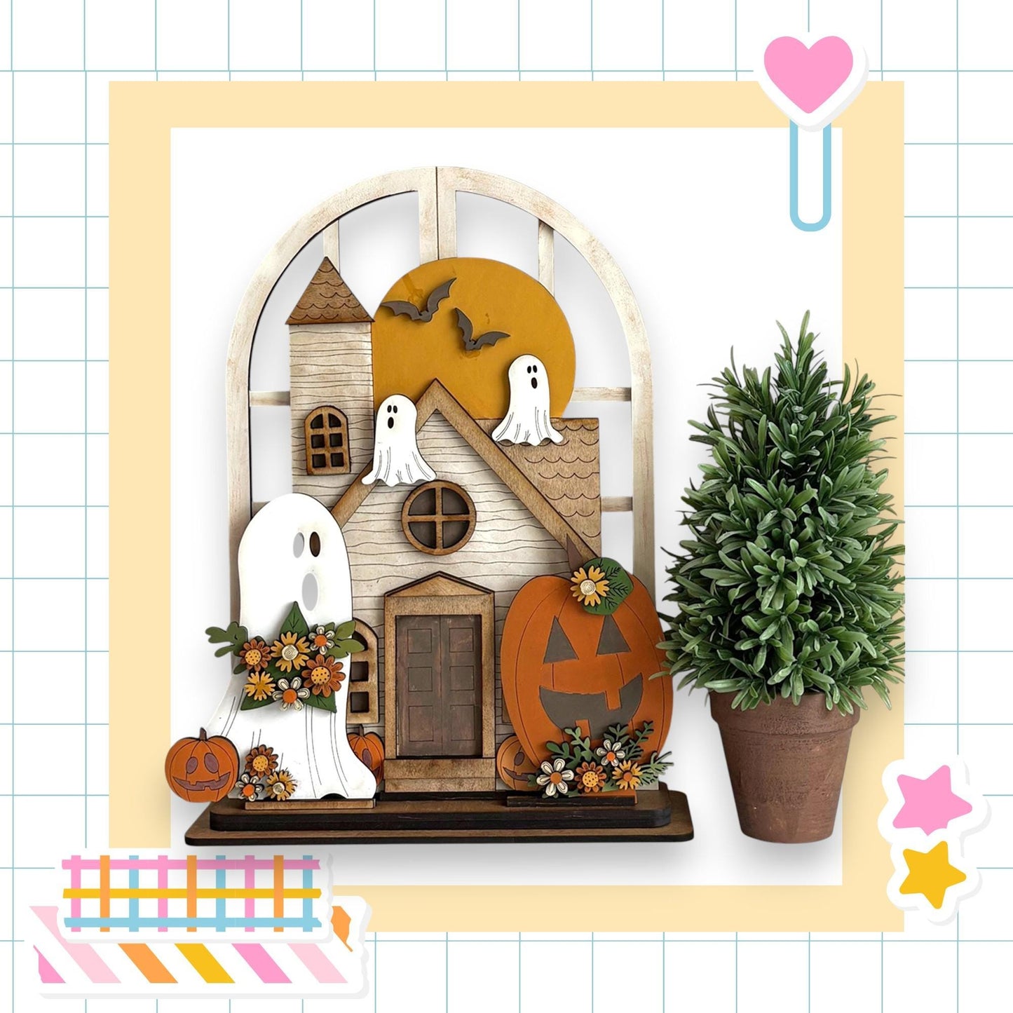 The image is a Halloween-themed collage featuring a wooden house with ghostly figures, a potted plant, and various Halloween decorations.