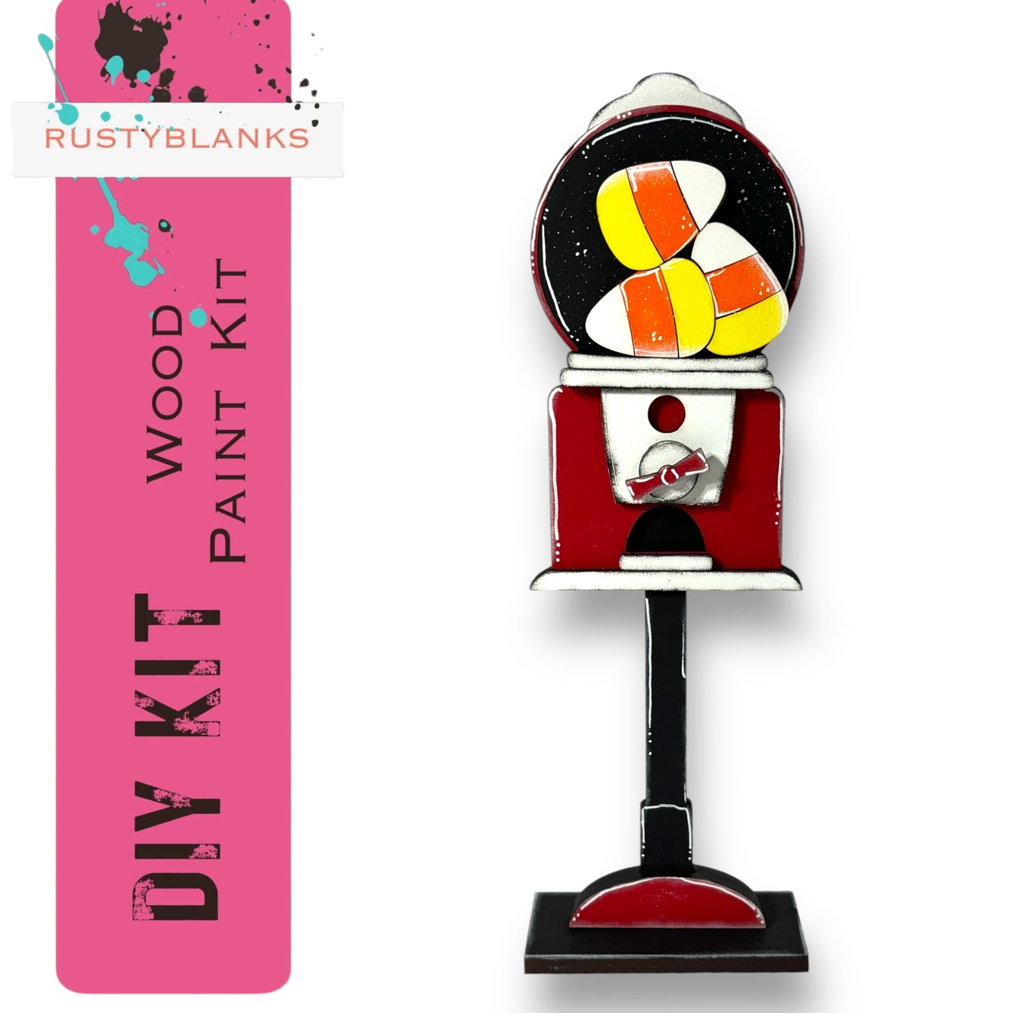 a DIY kit for painting a gumball machine, with a pink banner and a red and white striped pole.