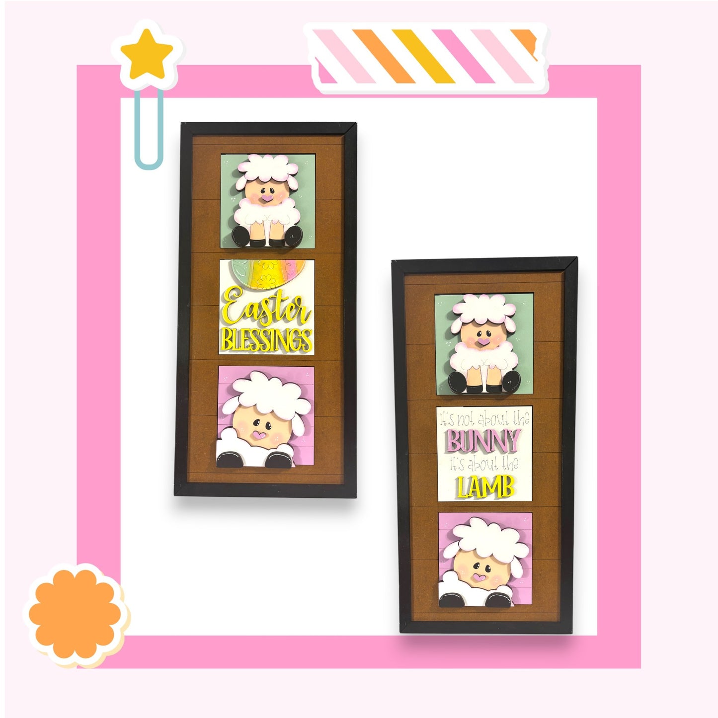 two framed pictures of cartoon sheep, each with a different Easter-themed message. The text on the frames includes "Easter Blessings" and "It's not about the bunny, it's about the lamb".