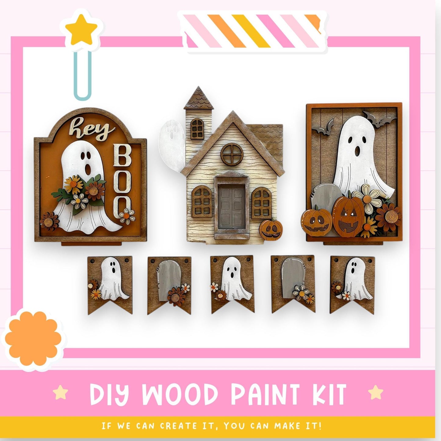 The image is a collage of Halloween-themed wooden decorations, including ghost-shaped cutouts, a wooden house, and carved pumpkins. The decorations are arranged in a festive manner, suggesting a DIY wood paint kit for creating similar Halloween-themed items.