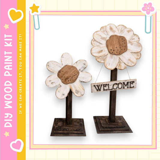 two wooden flower-shaped signs with the word "WELCOME" written on them, placed on a wooden stand.
