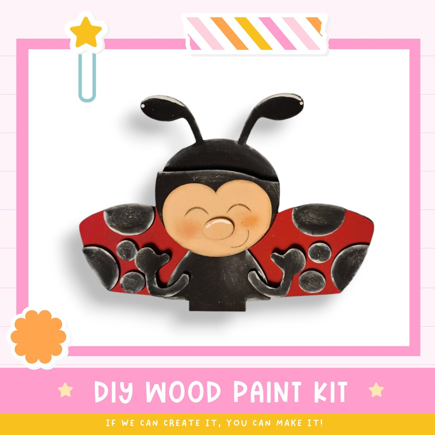 a pin with a ladybug on it that says diy wood paint kit