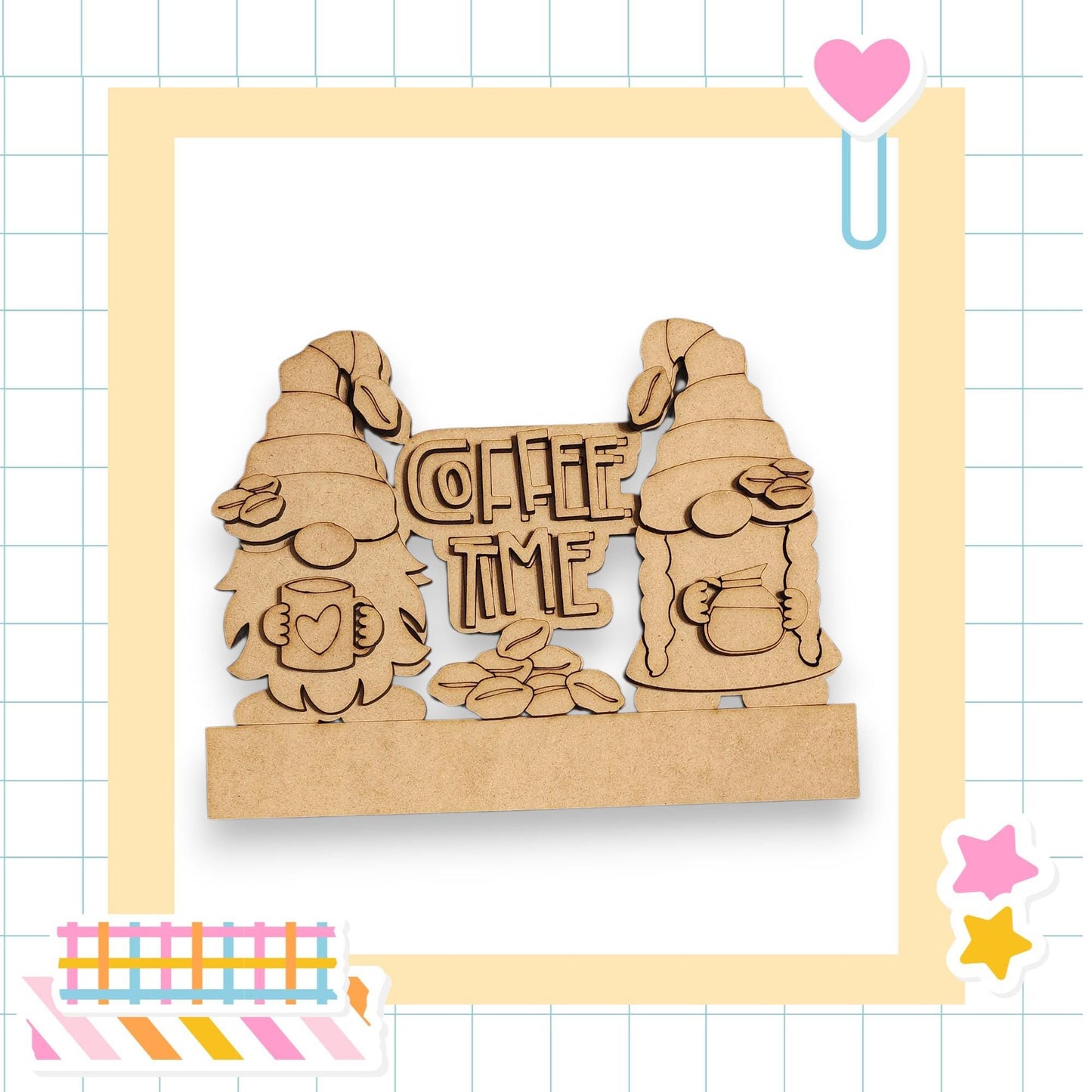 A wooden cutout of two gnomes holding coffee mugs, with the text "Coffee time" written above them.