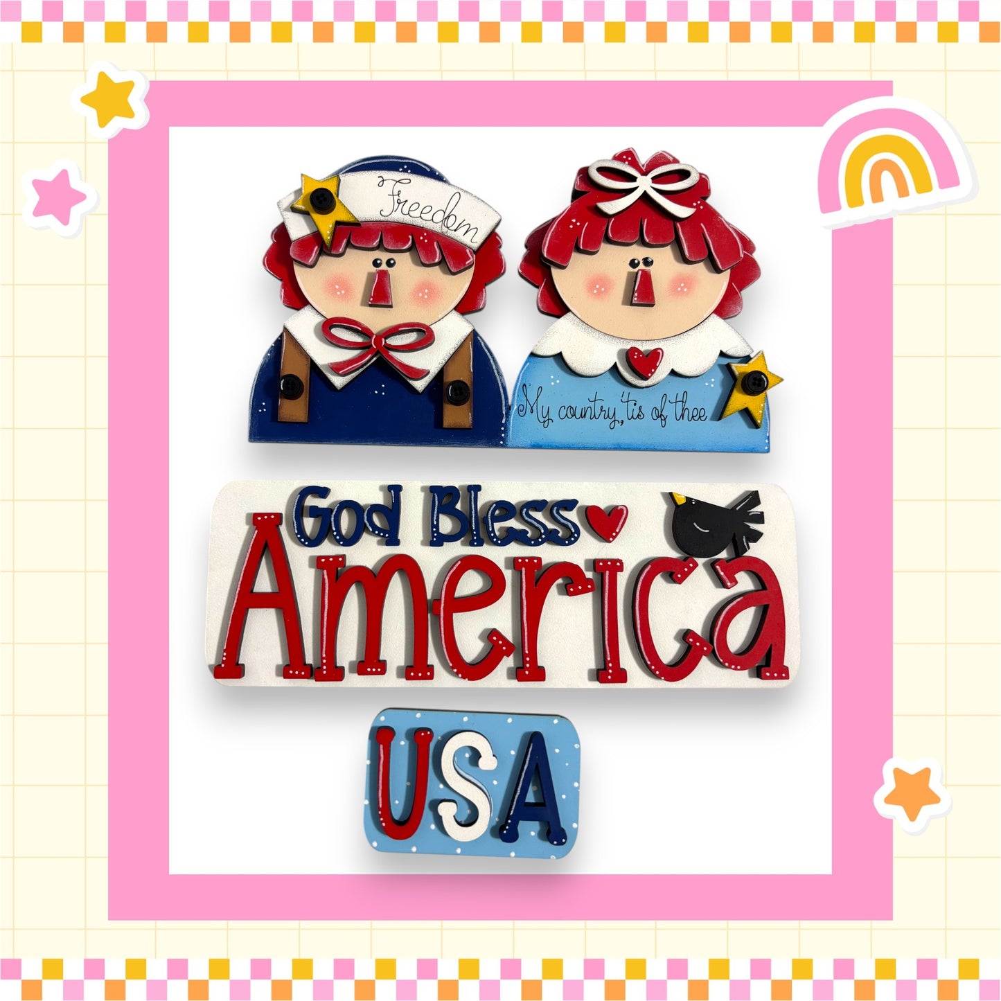 two cartoon-style dolls, one wearing a blue outfit and the other in a red outfit, with the text "God Bless America" and "USA" displayed prominently.